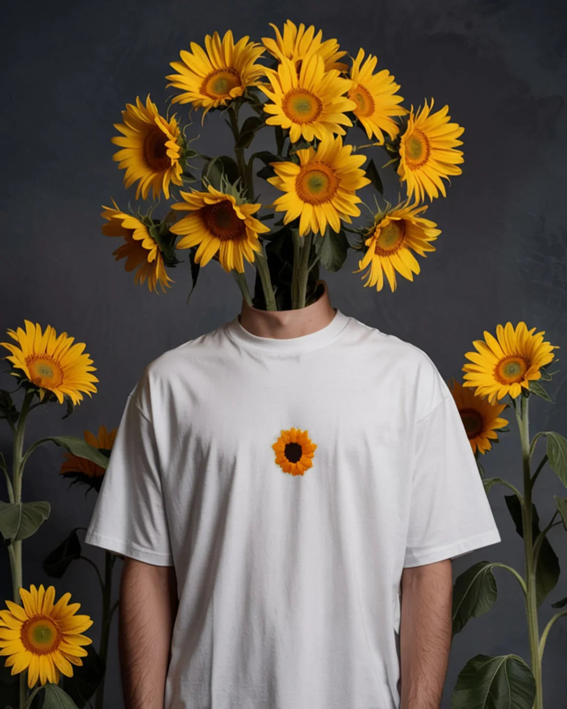 Person wearing a white t-shirt with a sunflower design, surrounded by sunflowers against a dark background.