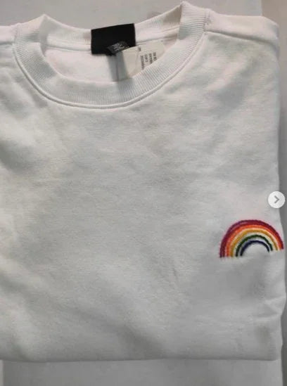 Rainbow embroidered tee — close-up of rainbow hand embroidery showing colourful thread detail on white cotton t-shirt