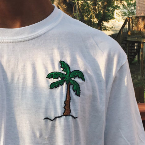 White t-shirt with a palm tree design on the sleeve, outdoors.