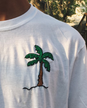 Palm tree embroidered oversized tee — white cotton tee with palm tree hand-embroidered on sleeve, 220 GSM, vacation wear