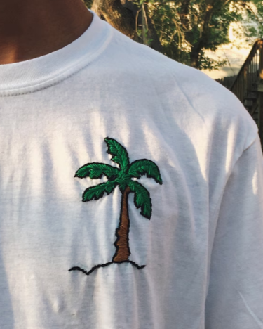 Palm tree embroidered oversized tee — white cotton tee with palm tree hand-embroidered on sleeve, 220 GSM, vacation wear
