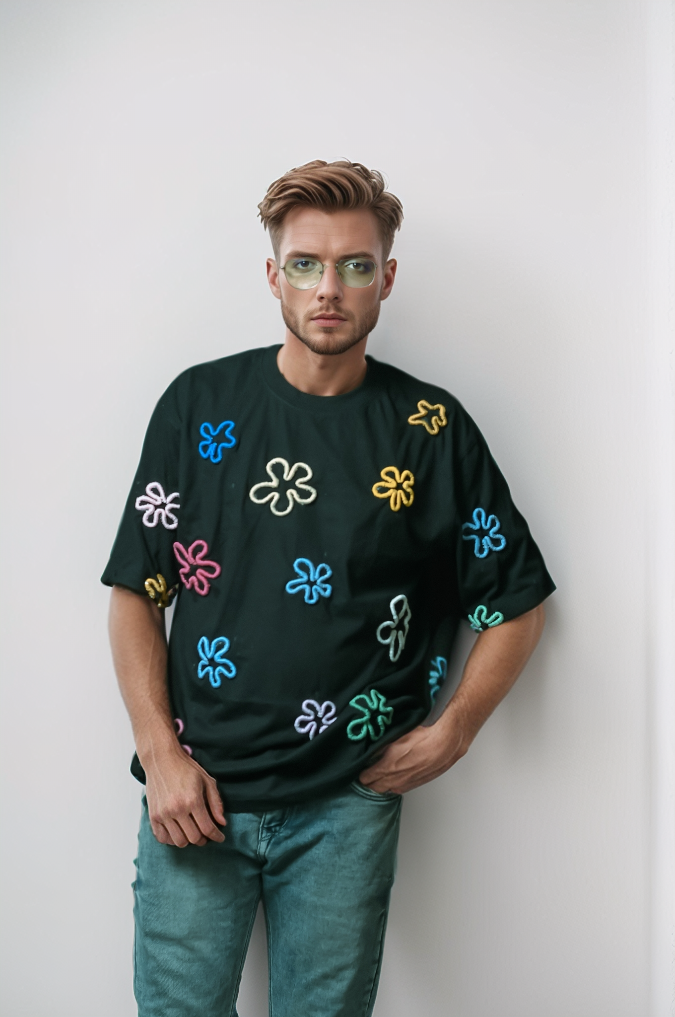 Floral applique Hand-Embroidered Tee - Vee Threads