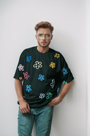 Floral applique Hand-Embroidered Tee - Vee Threads