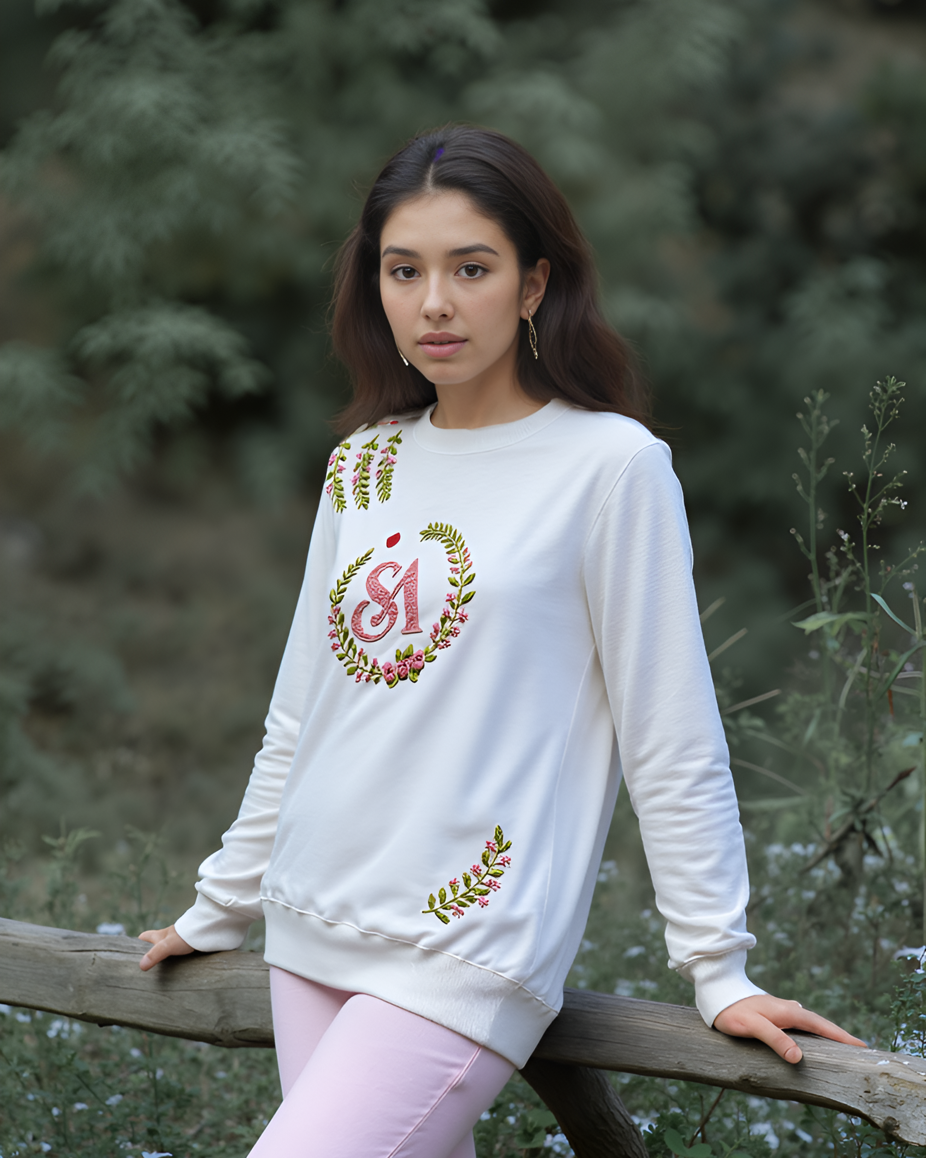 Woman wearing a white sweatshirt with name initials embroidery in a forest setting