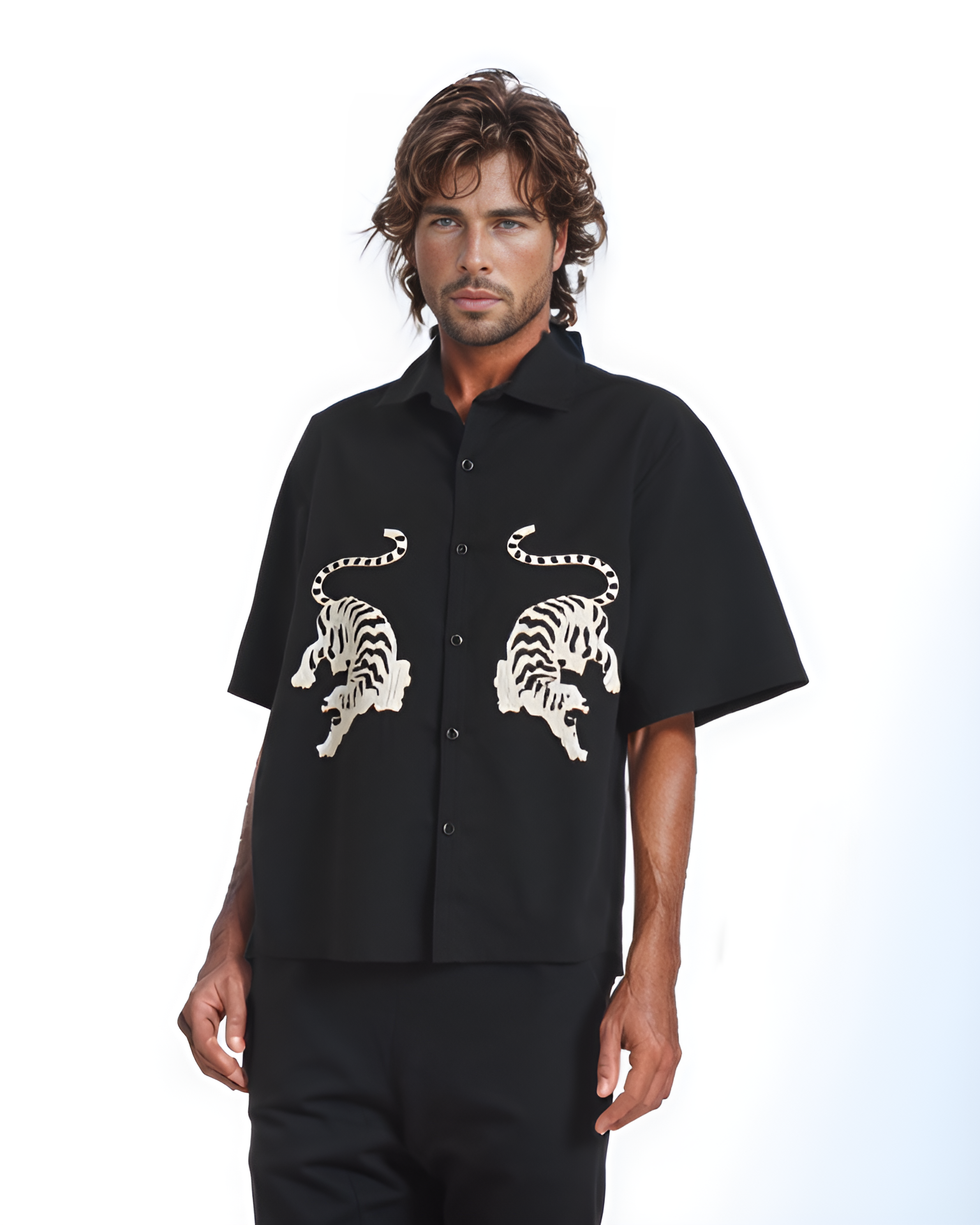 White Royal Bengal Tiger Hand Embroidered Shirt - Vee Threads