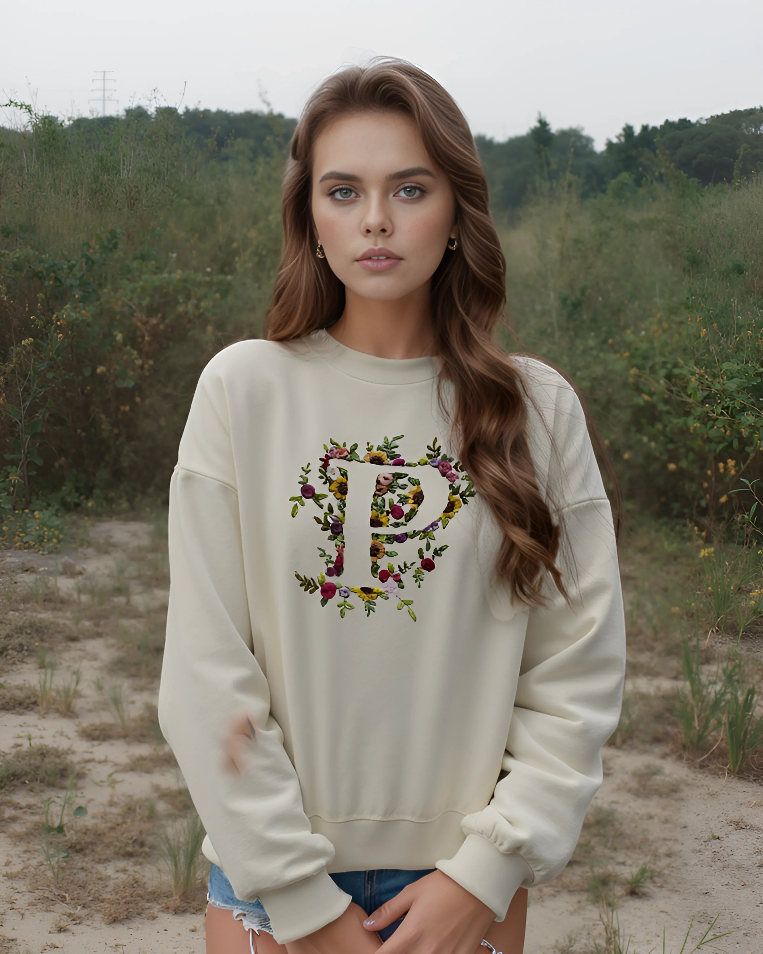 Model wearing black customised sweatshirt with white embroidered initials on the chest, styled with relaxed jeans.