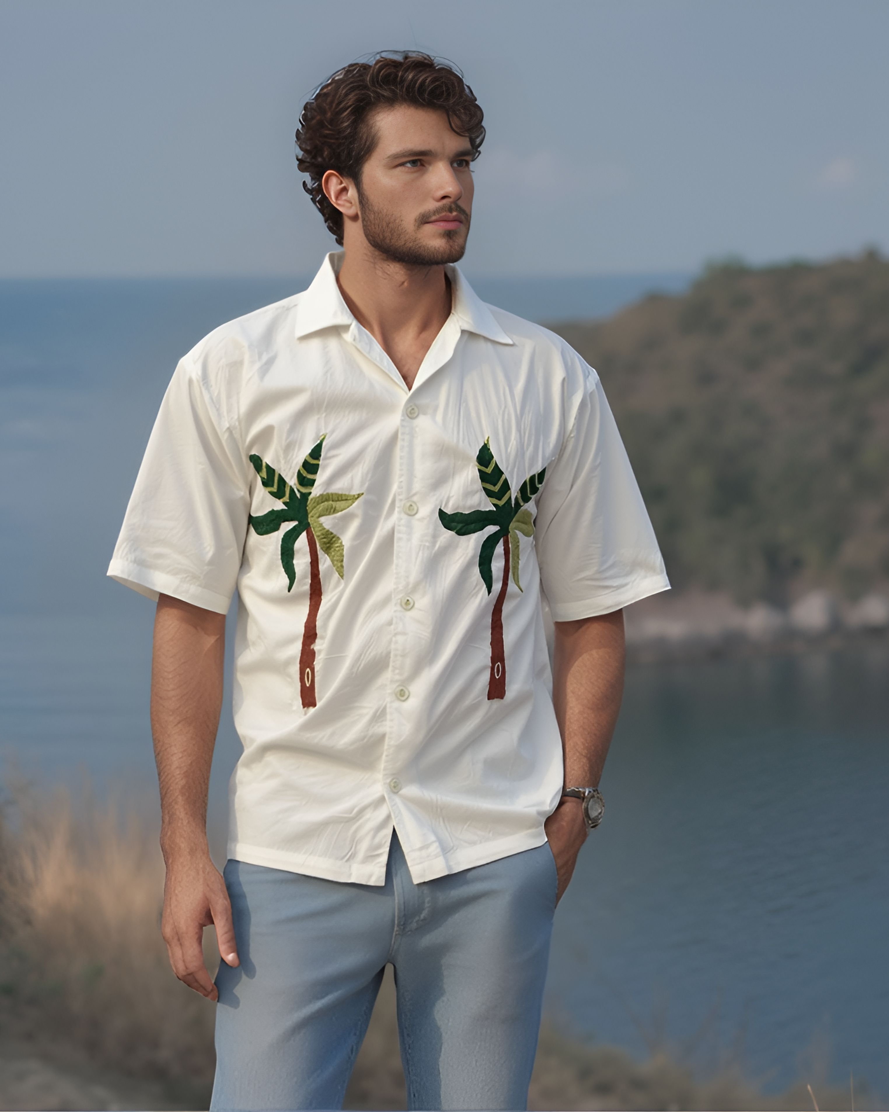 Men wearing palm tree embroidered Shirt - Vee Threads