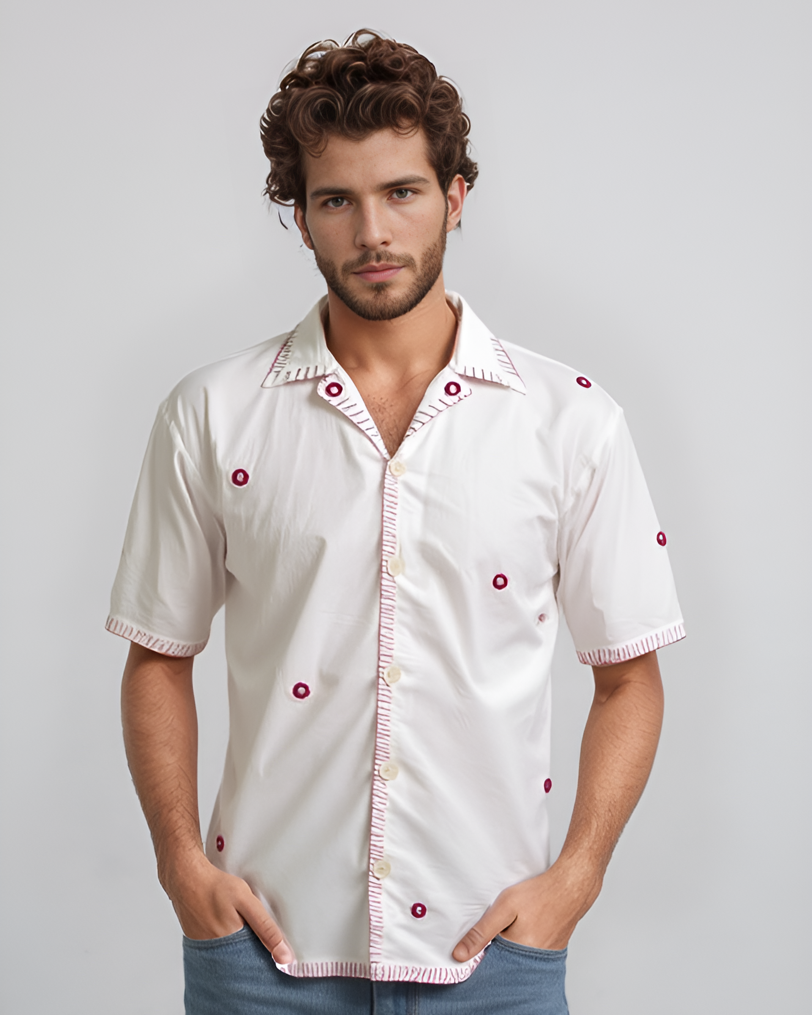 Man wearing mirror work embroidered Shirt  against a gray background
