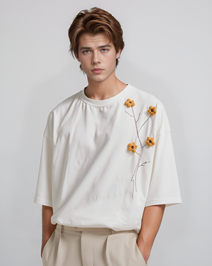 Floral Reverie Hand-Embroidered Oversized T-shirt (Unisex) - Vee Threads