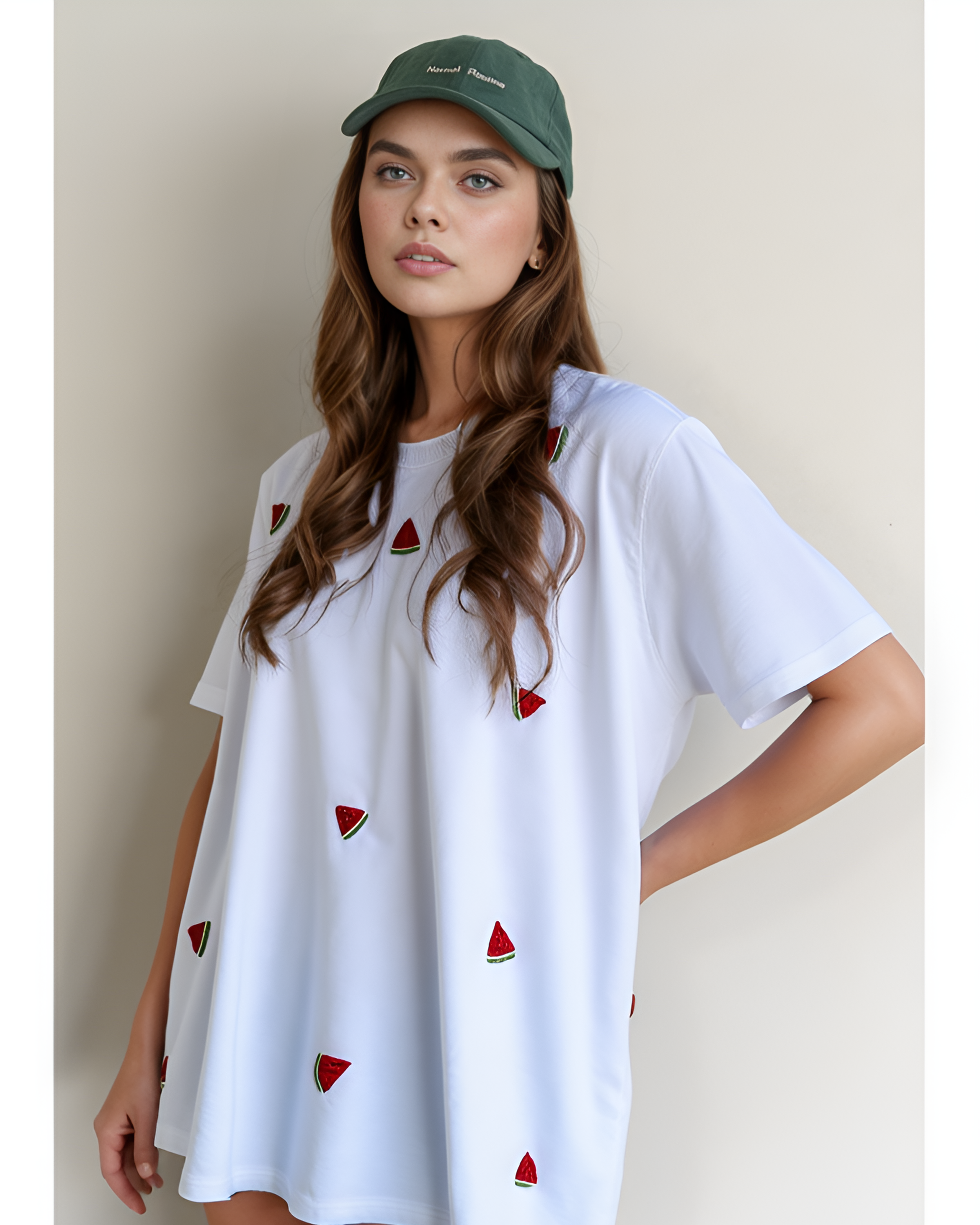 Artisan-crafted watermelon embroidery on t-shirt worn by female model