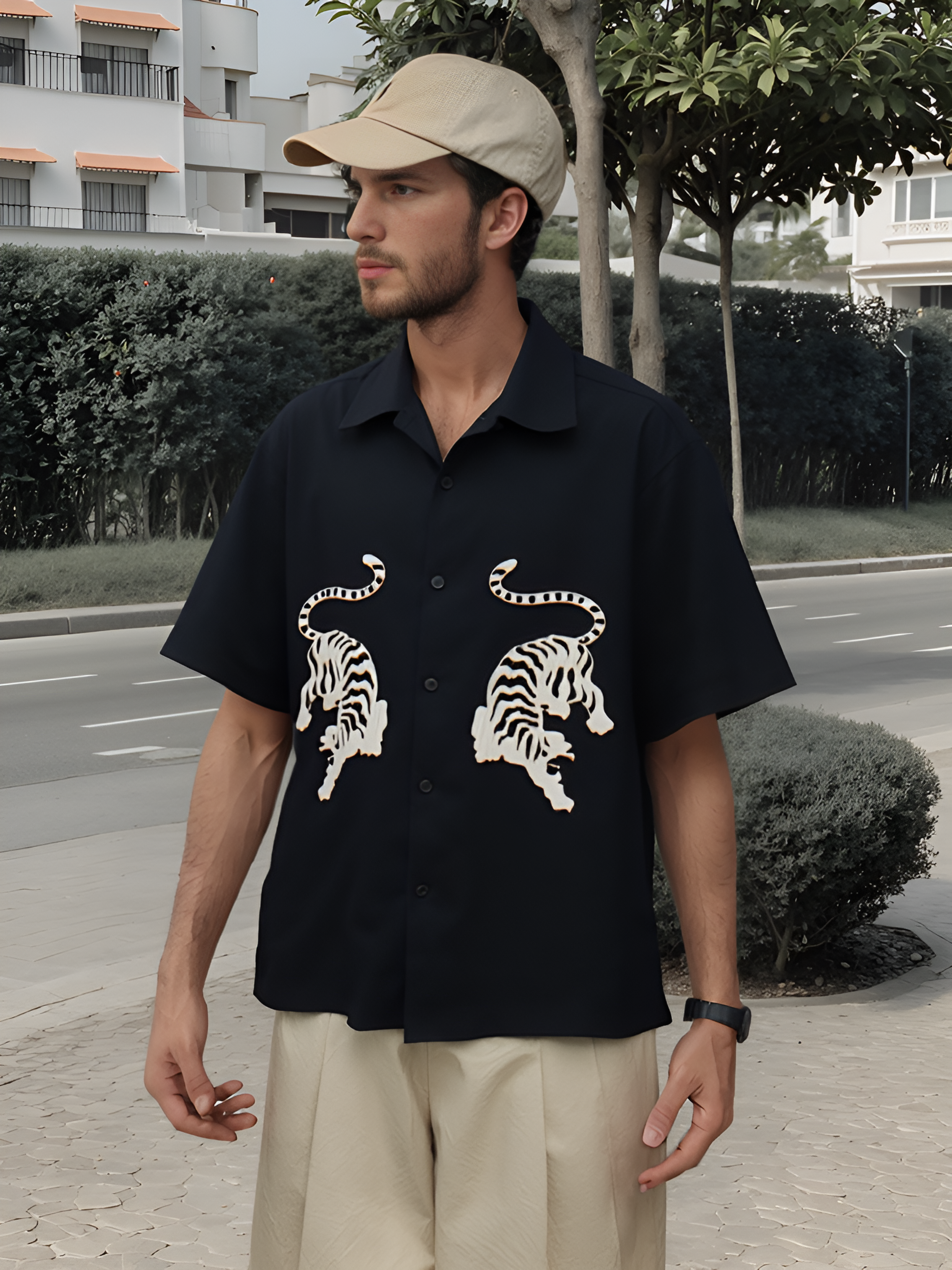 White Royal Bengal Tiger Hand Embroidered Shirt - Vee Threads