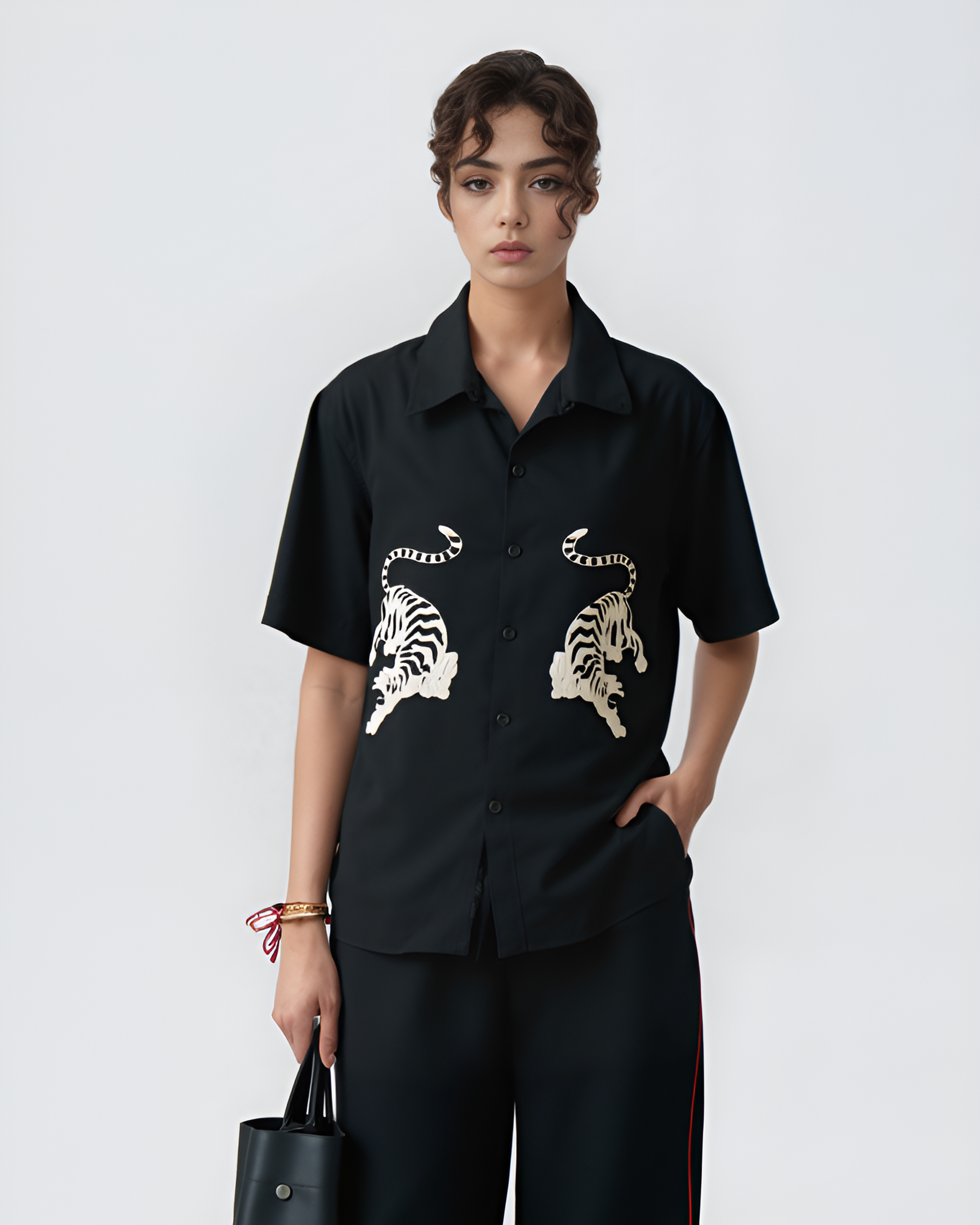 White Royal Bengal Tiger Hand Embroidered Shirt - Vee Threads