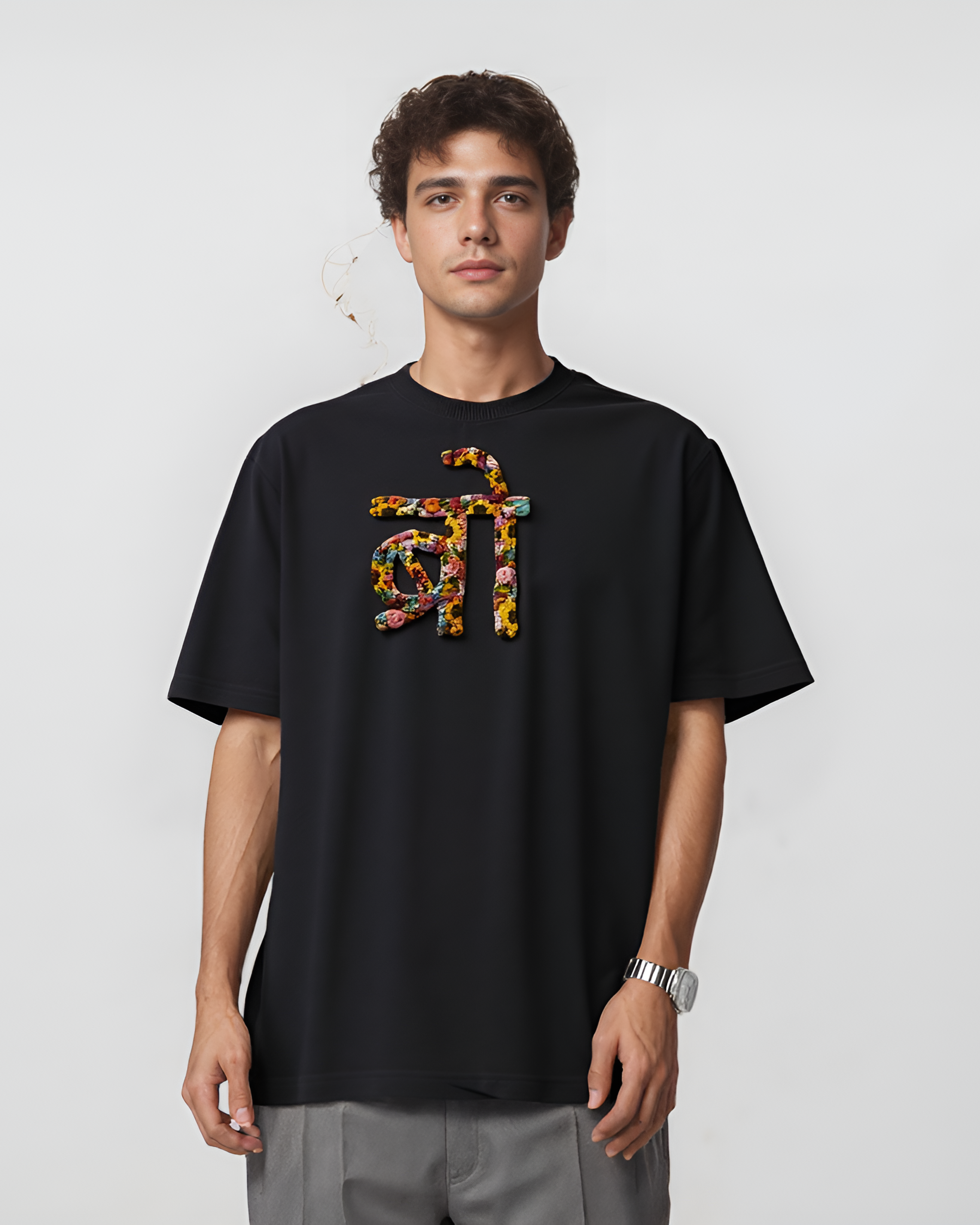 Custom embroidered cotton tee — cream cotton oversized tee with hand-embroidered 'BRO' lettering, premium cotton gift for friends