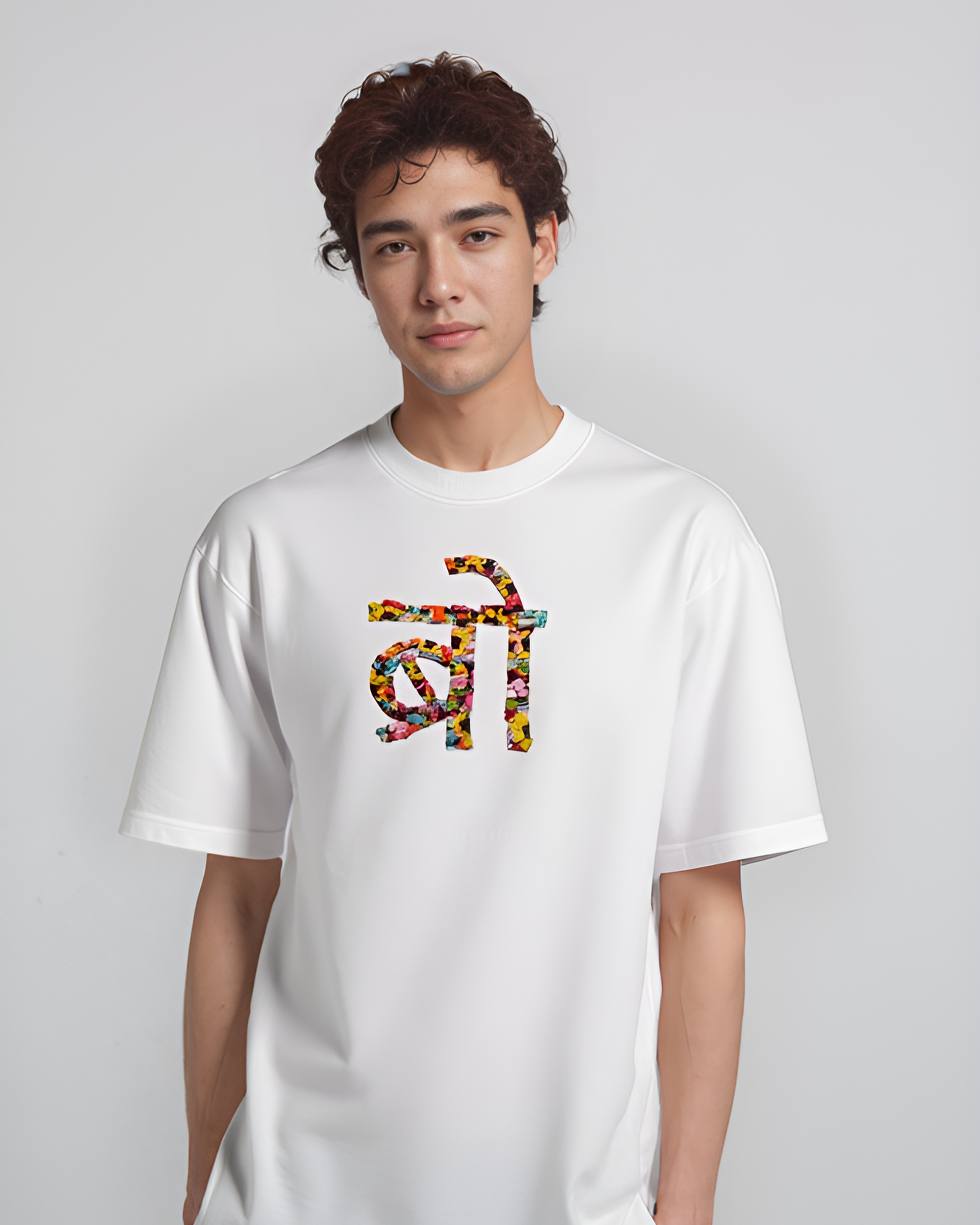 BRO hand embroidered tee — cream cotton oversized tee with 'BRO' lettering hand-embroidered on chest, premium 240 GSM cotton gift for brothers