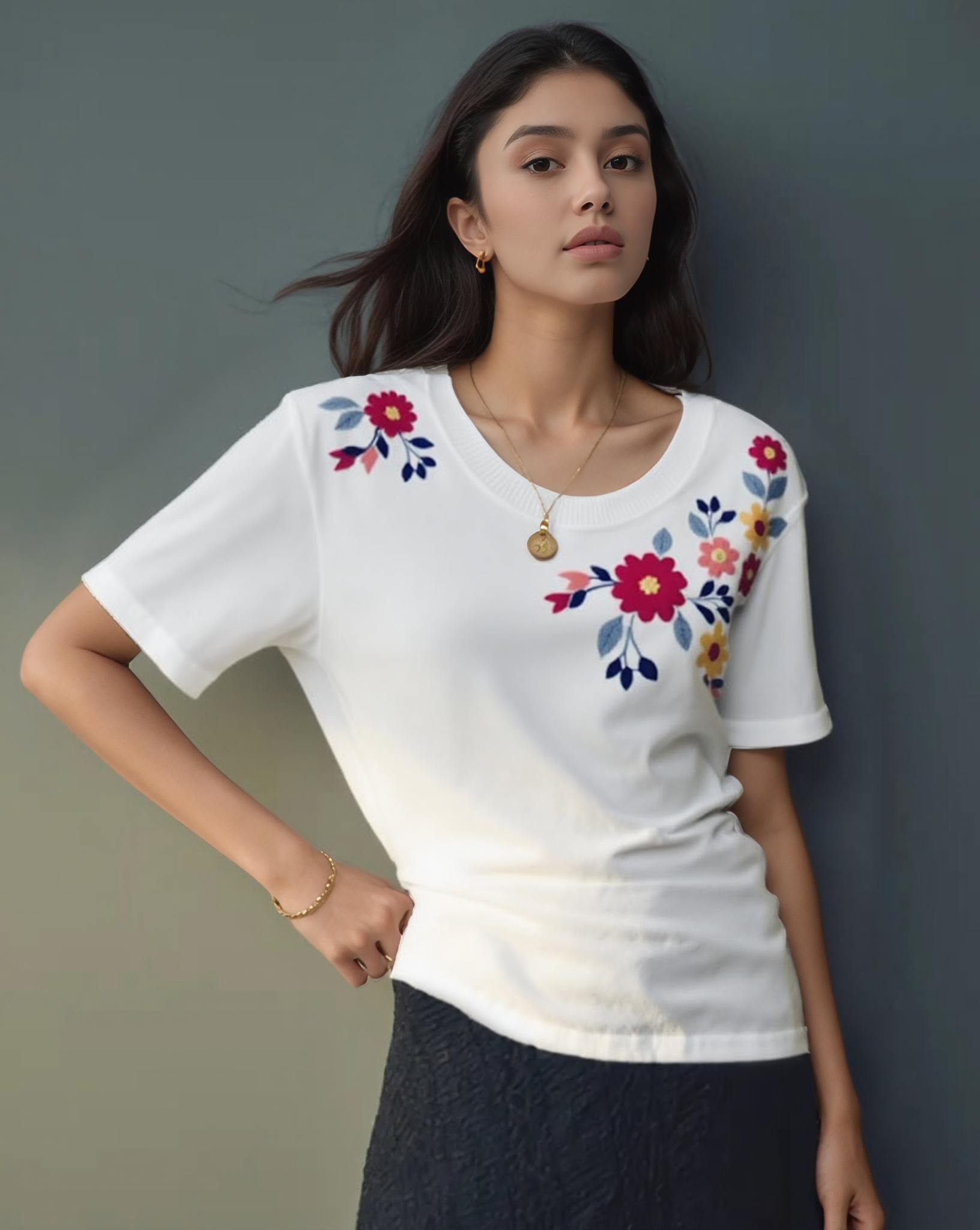 Woman wearing a white t-shirt with colorful floral embroidery against a gray background