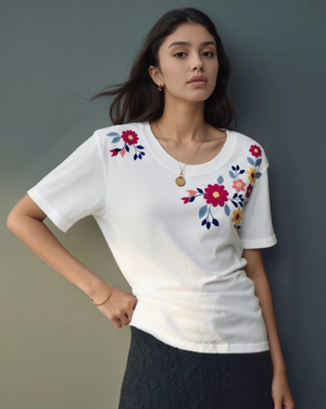 Woman wearing a white t-shirt with colorful floral embroidery against a gray background