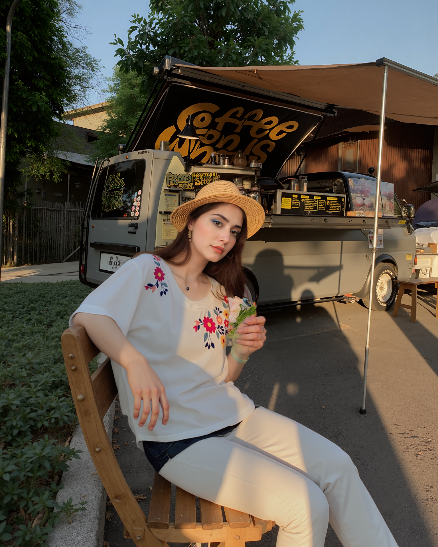 Woman sitting in front of a coffee truck holding a drink and wearing embroidered floral cotton tshirt