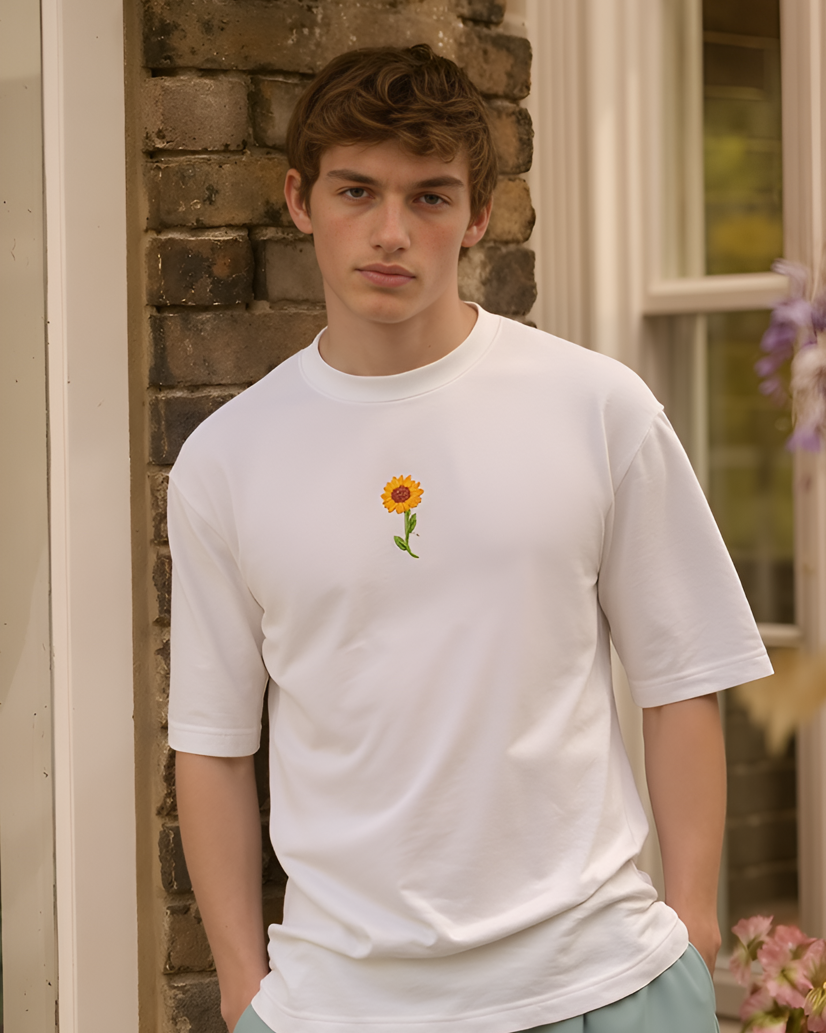 Person wearing a white t-shirt with embroidered sunflower design on it , standing outdoors.