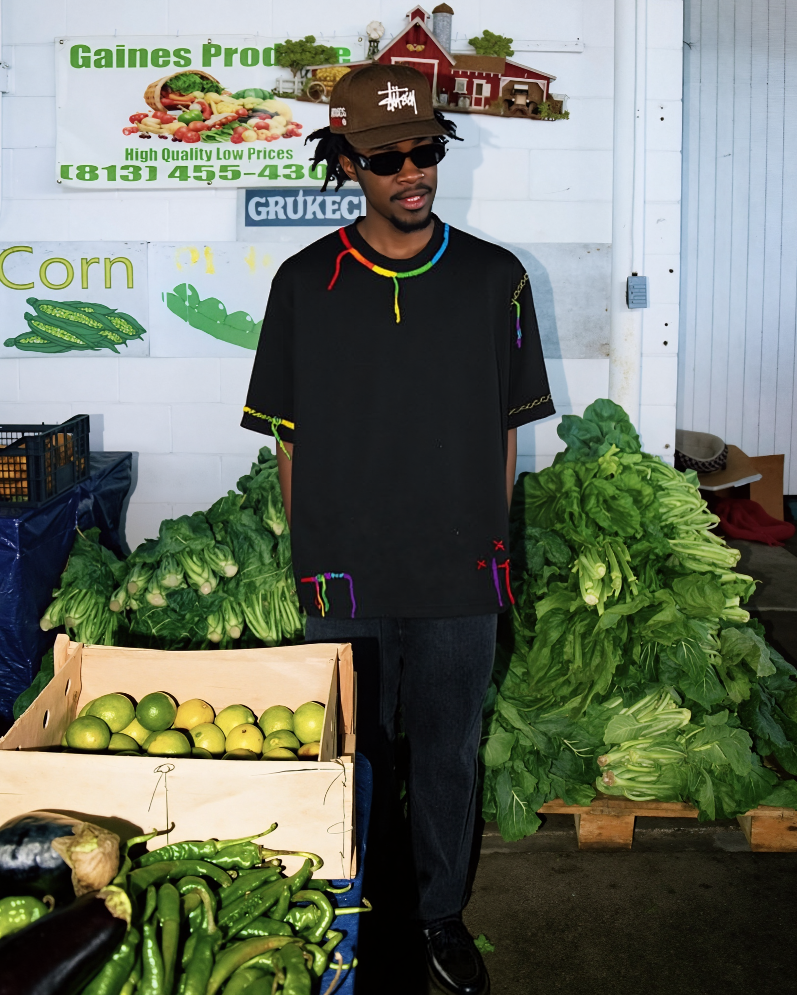 Person wear hand embroidered standing in front of a produce stand with various vegetables and a sign in the background.