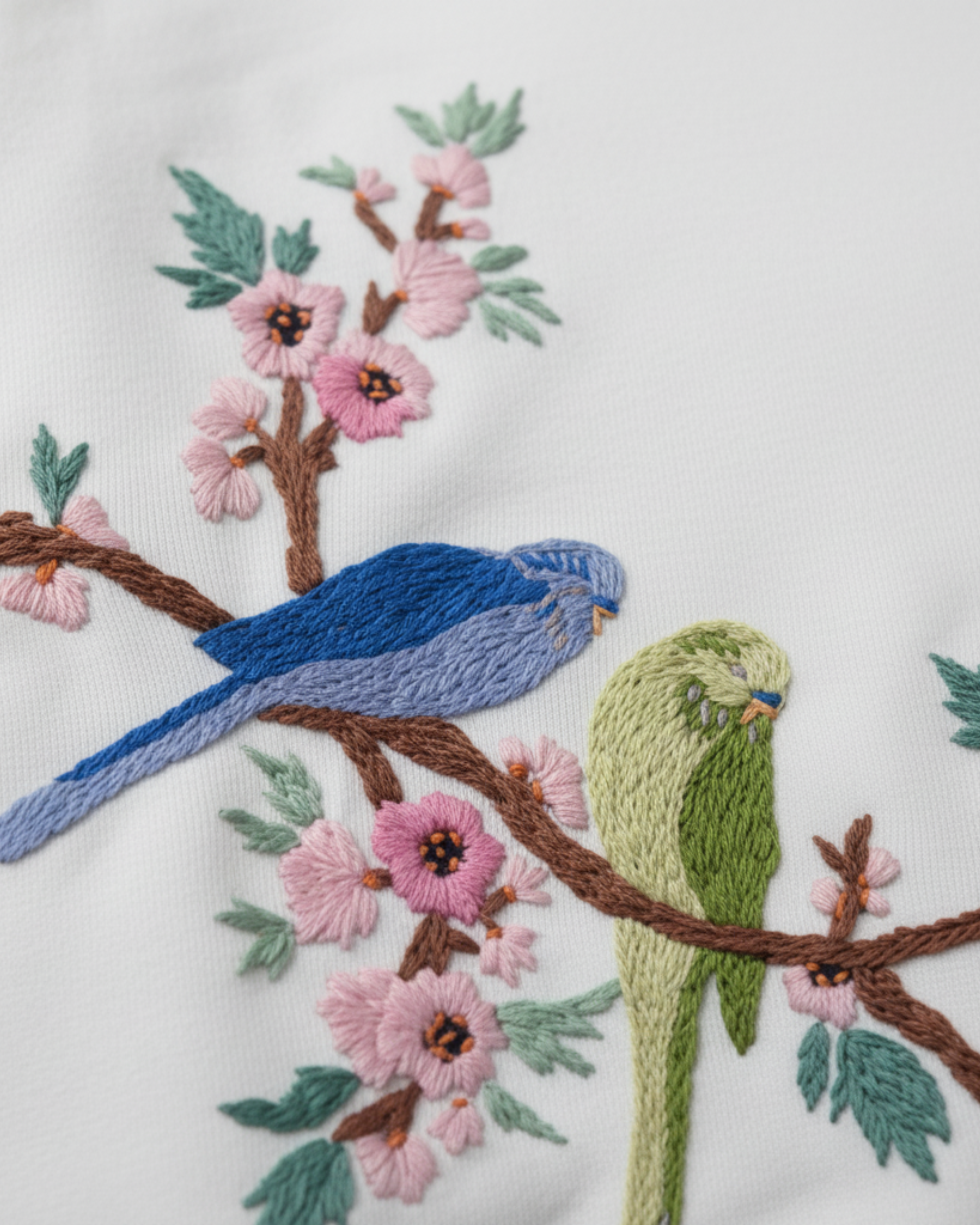 Embroidery of two birds on a branch with pink flowers and green leaves.