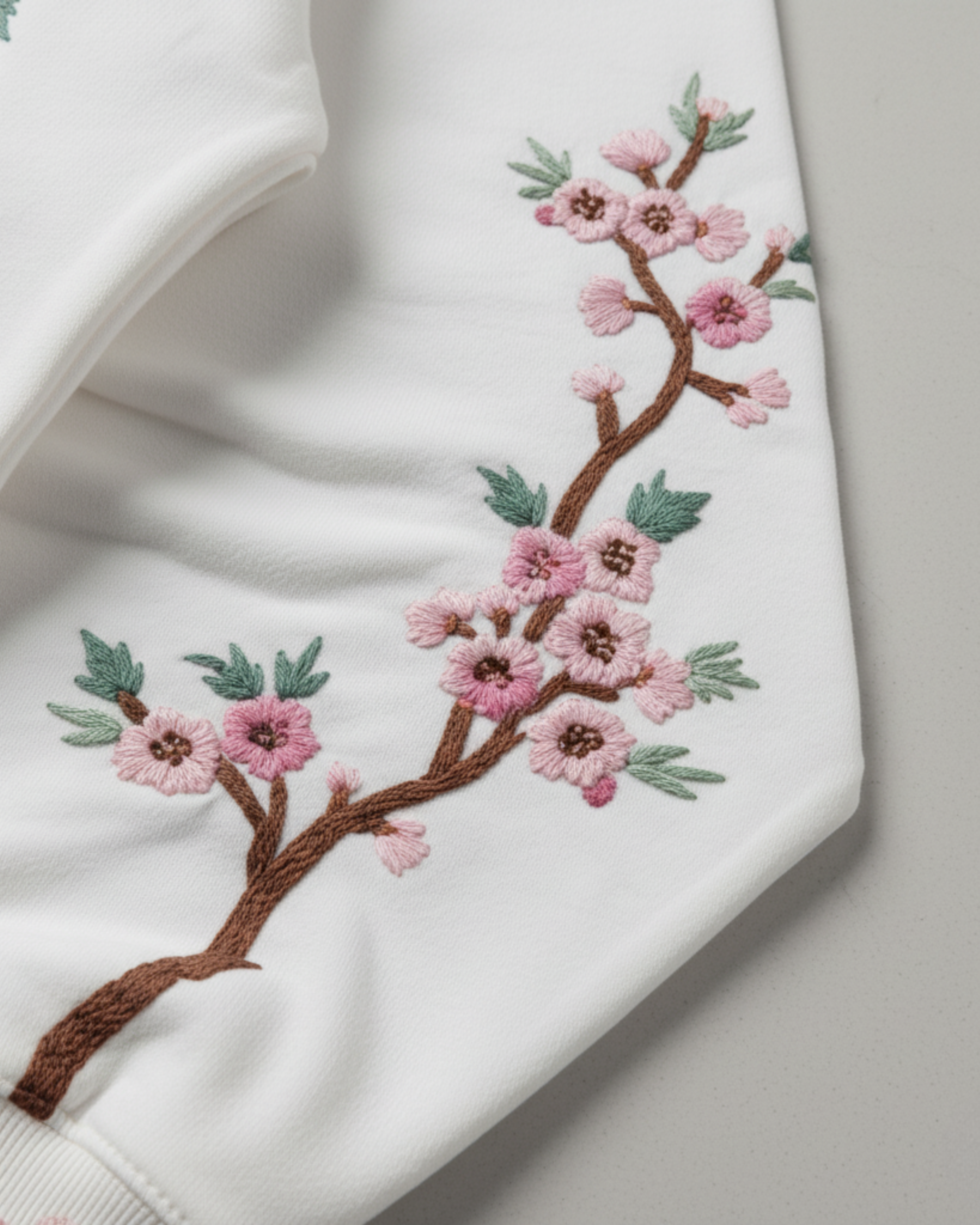 Embroidered cherry blossom design on a white garment with a light gray background