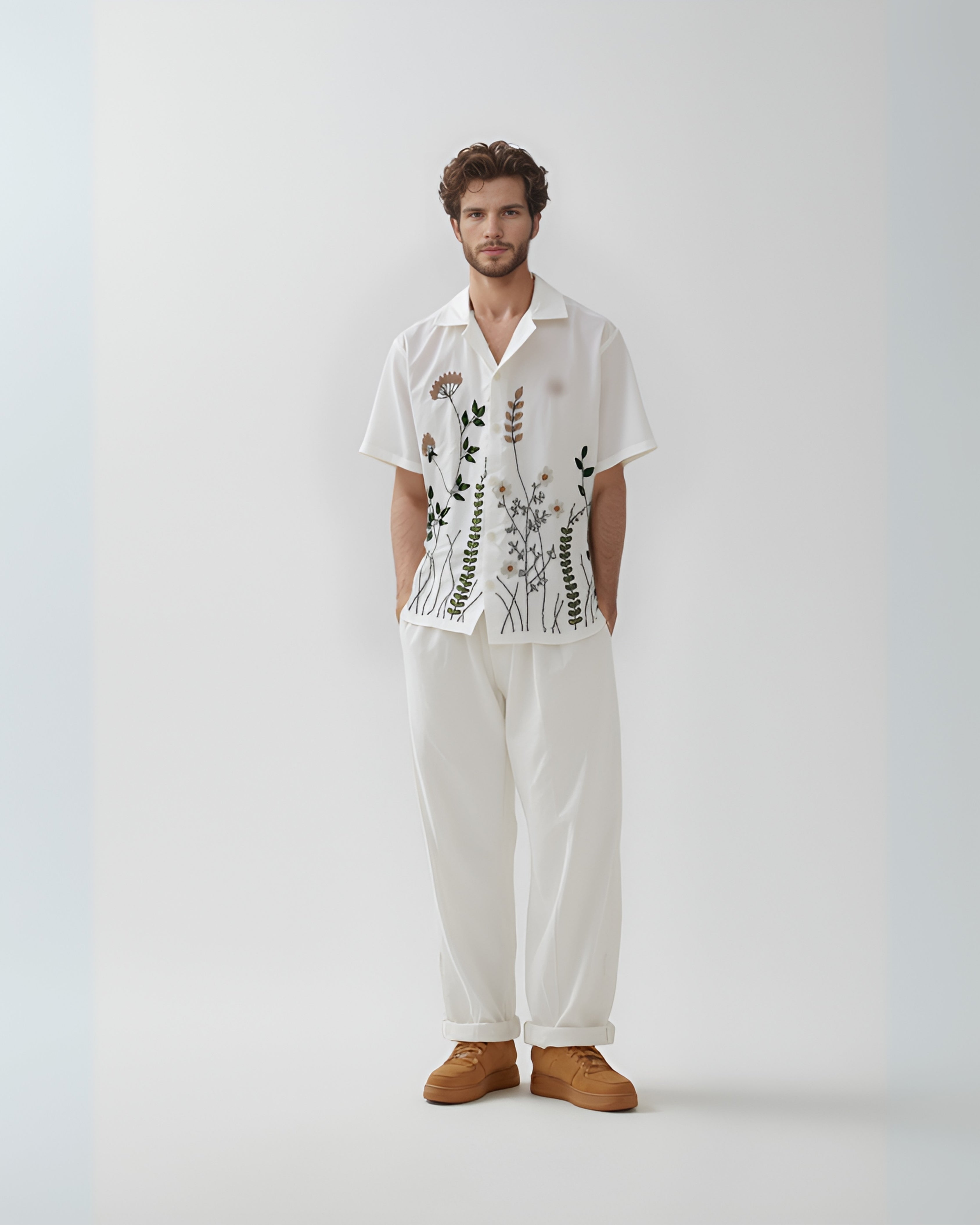 Hand Embroidered Cotton Shirt for Men Floral Design | Premium Summer Wear - Vee Threads