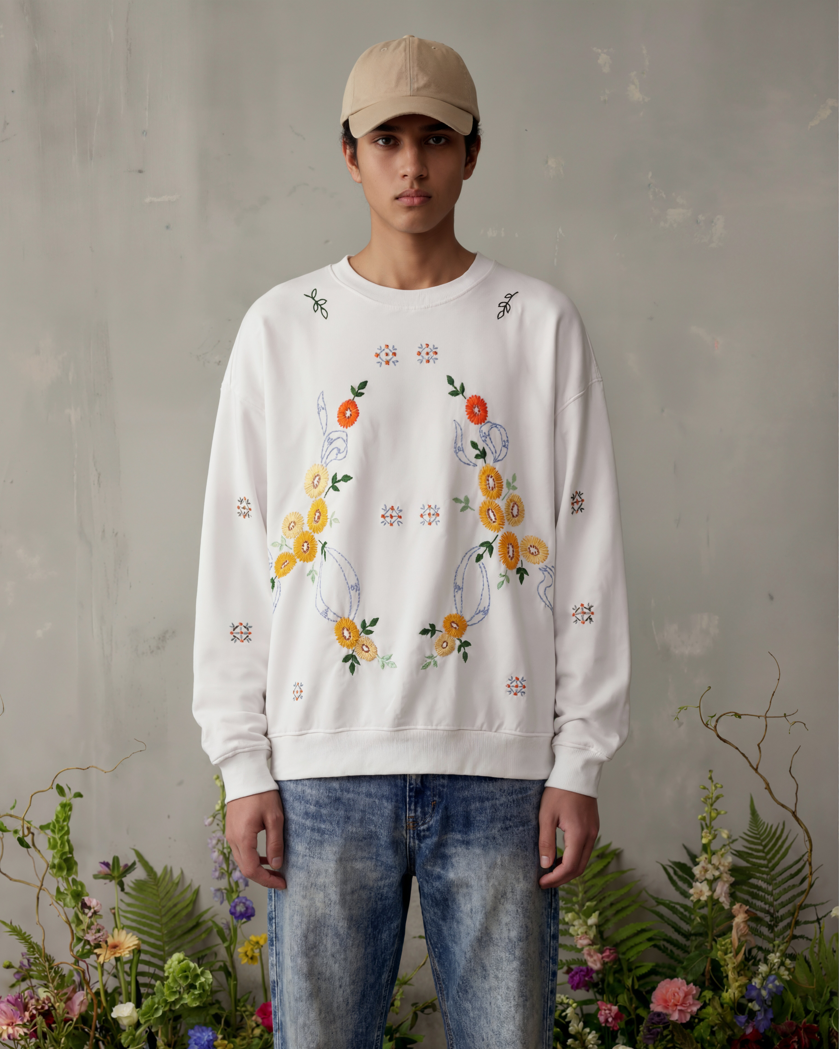 Person wearing a white sweatshirt with floral embroidery against a gray wall with plants.