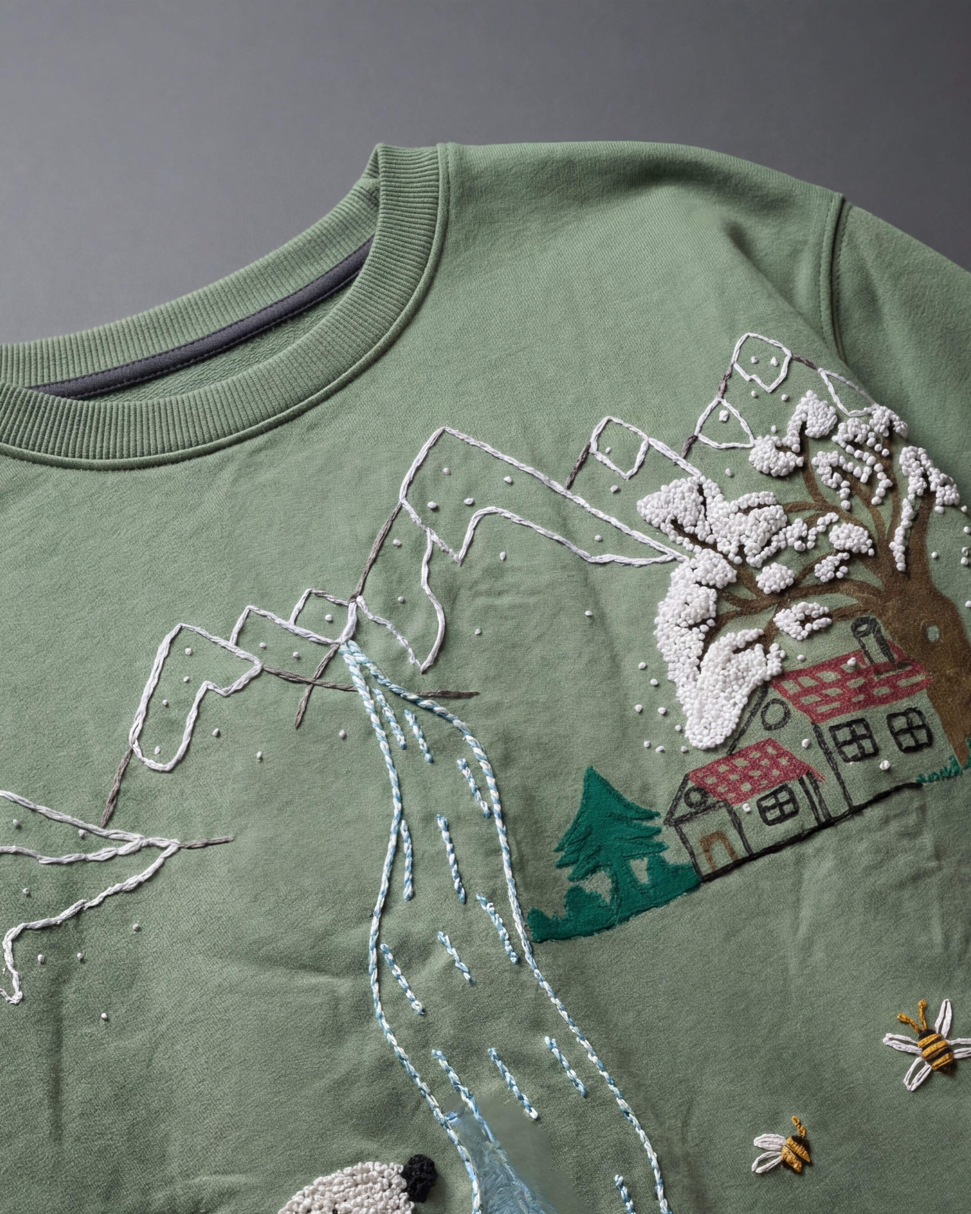Green sweater with embroidered landscape design featuring a house and trees.
