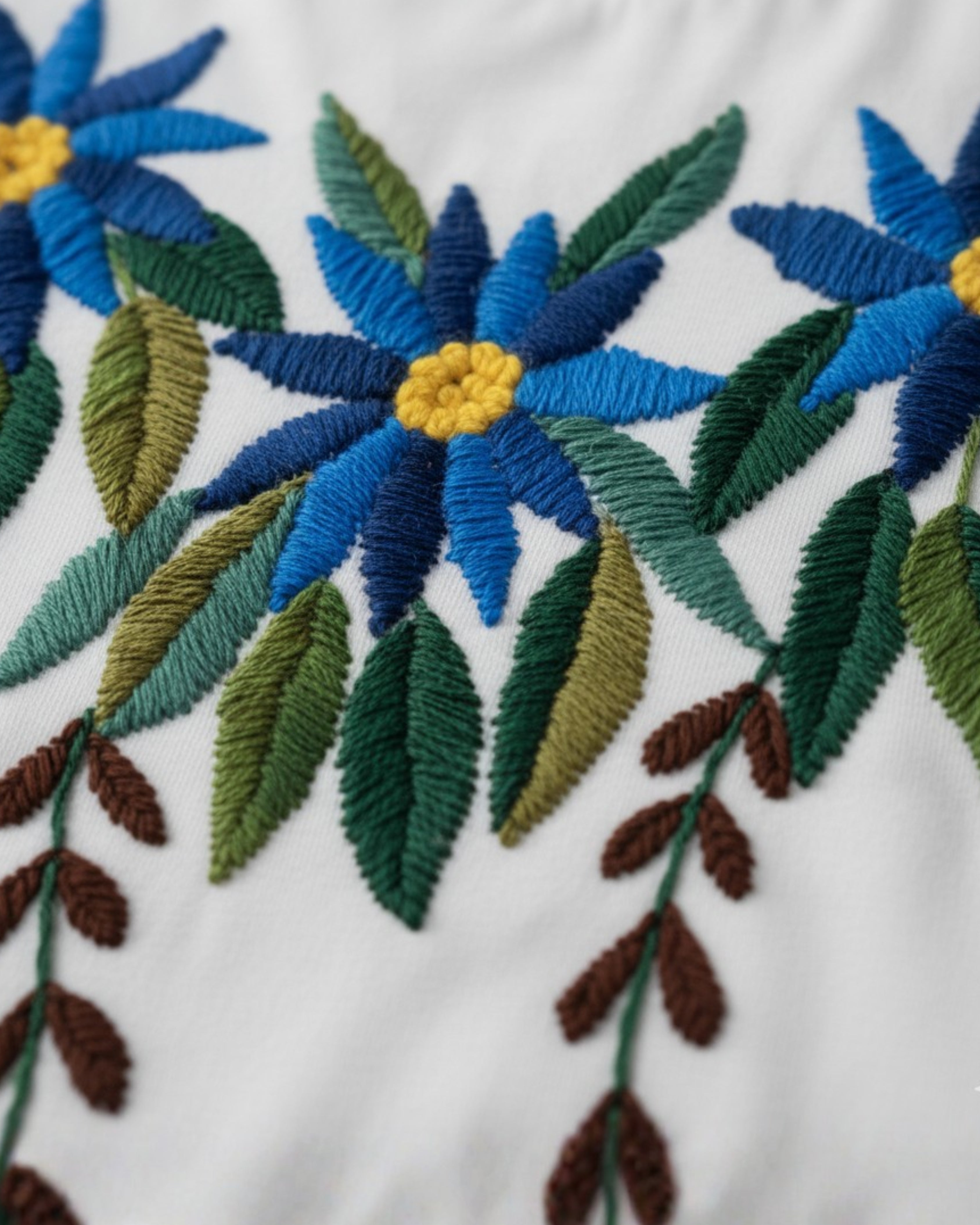 Close-up of embroidered blue flowers with green leaves on a white background