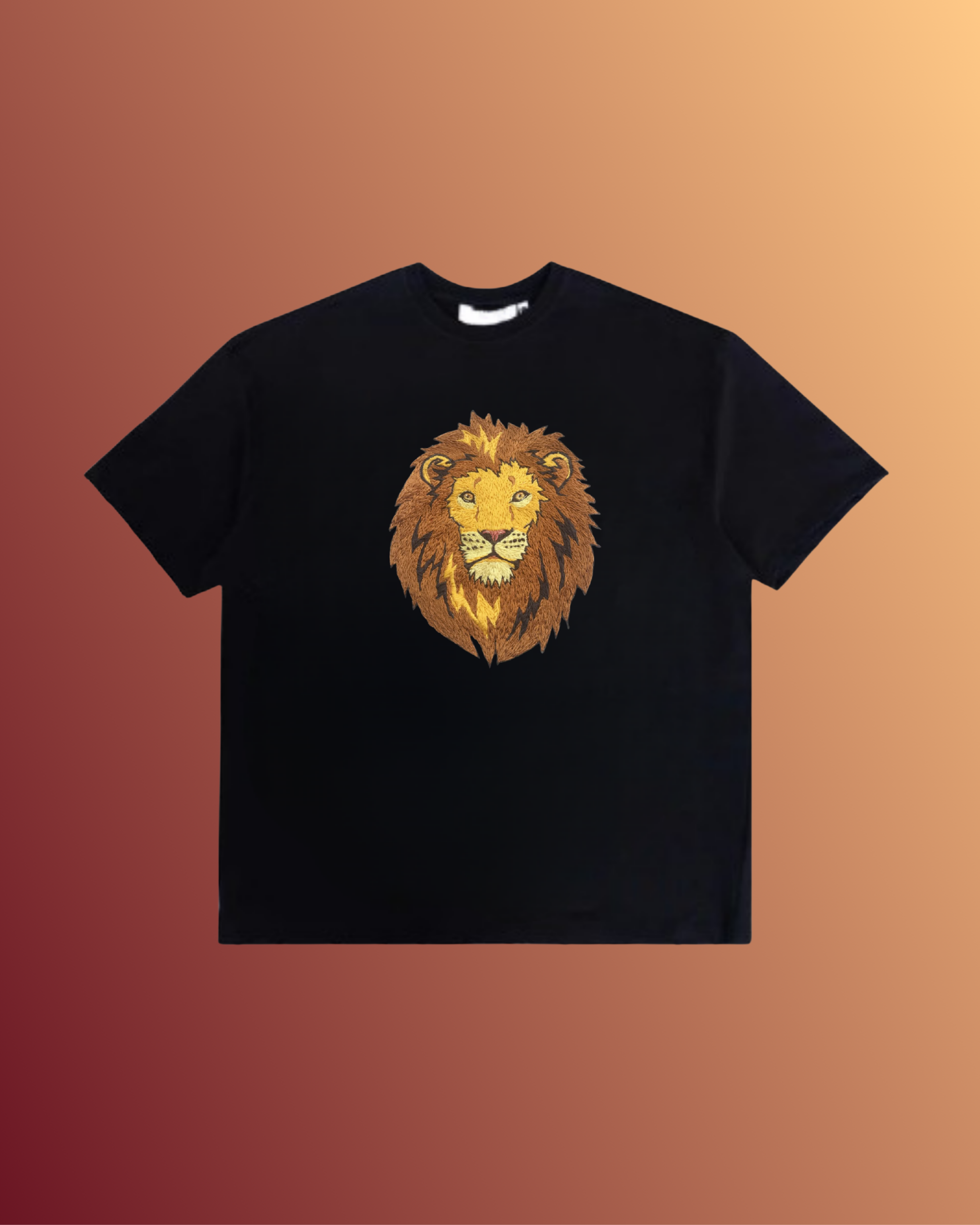 Flat lay shot of handmade lion embroidery on oversized black tee – premium streetwear made from durable 240 GSM cotton