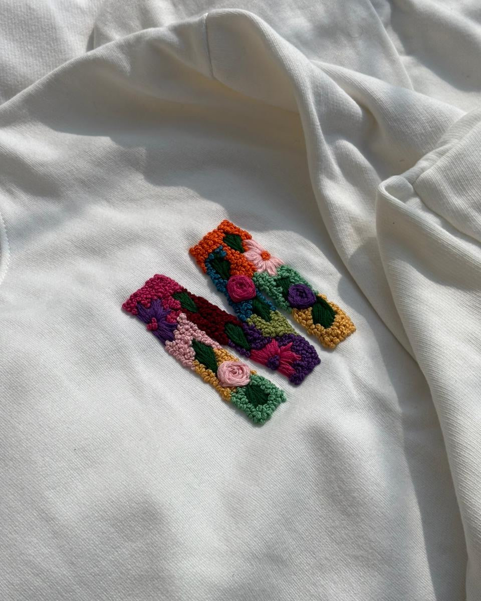 Side profile of a unisex initials sweatshirt showing minimal embroidery near the collarbone.
