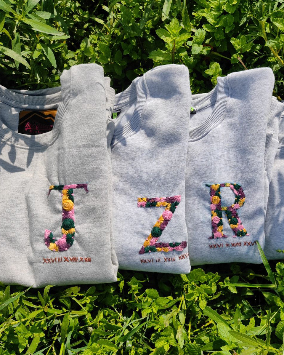 Name Initials and Roman Hand Embroidery Loose fit sweatshirt (Unisex) - Vee Threads