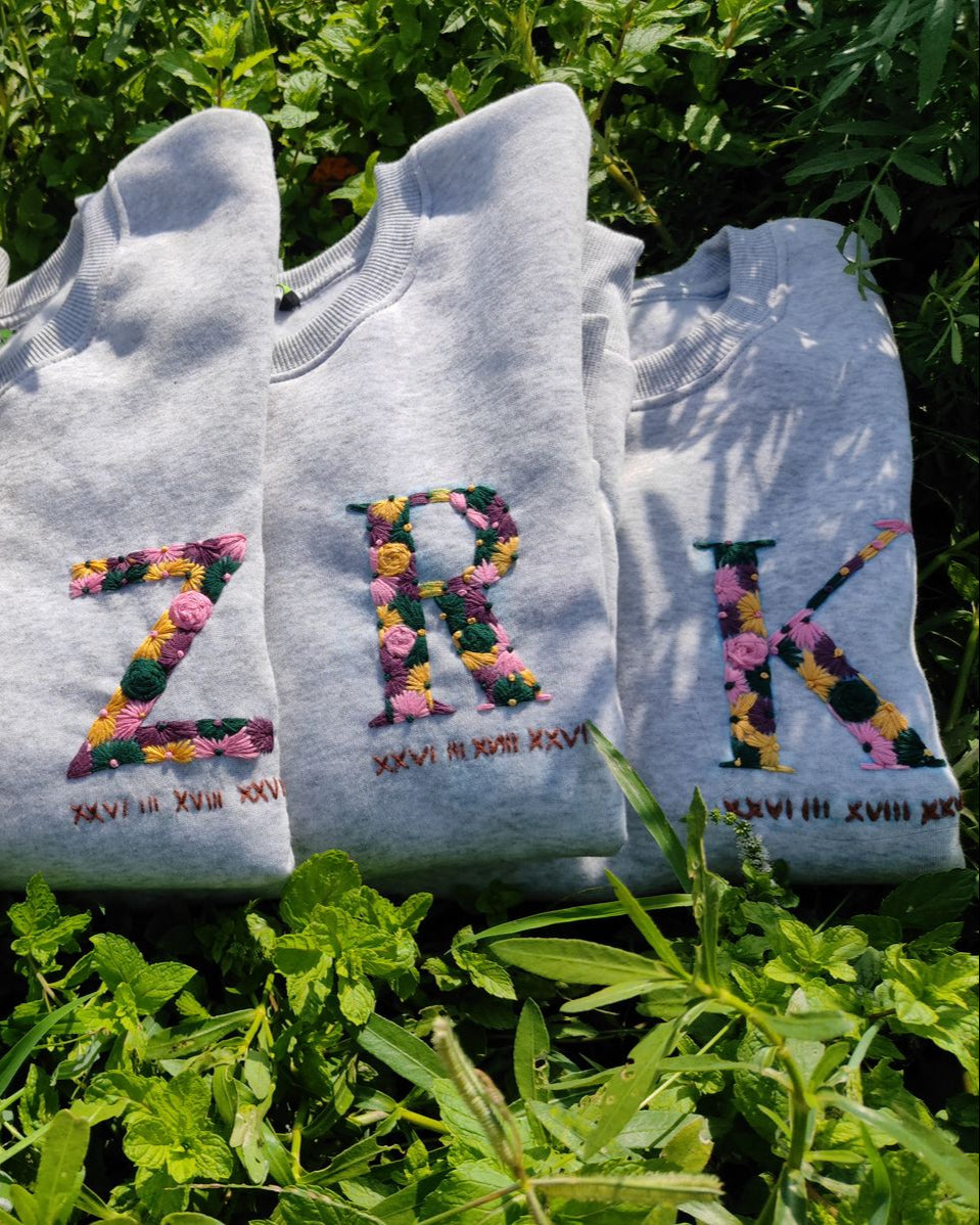 Name Initials and Roman Hand Embroidery Loose fit sweatshirt (Unisex) - Vee Threads