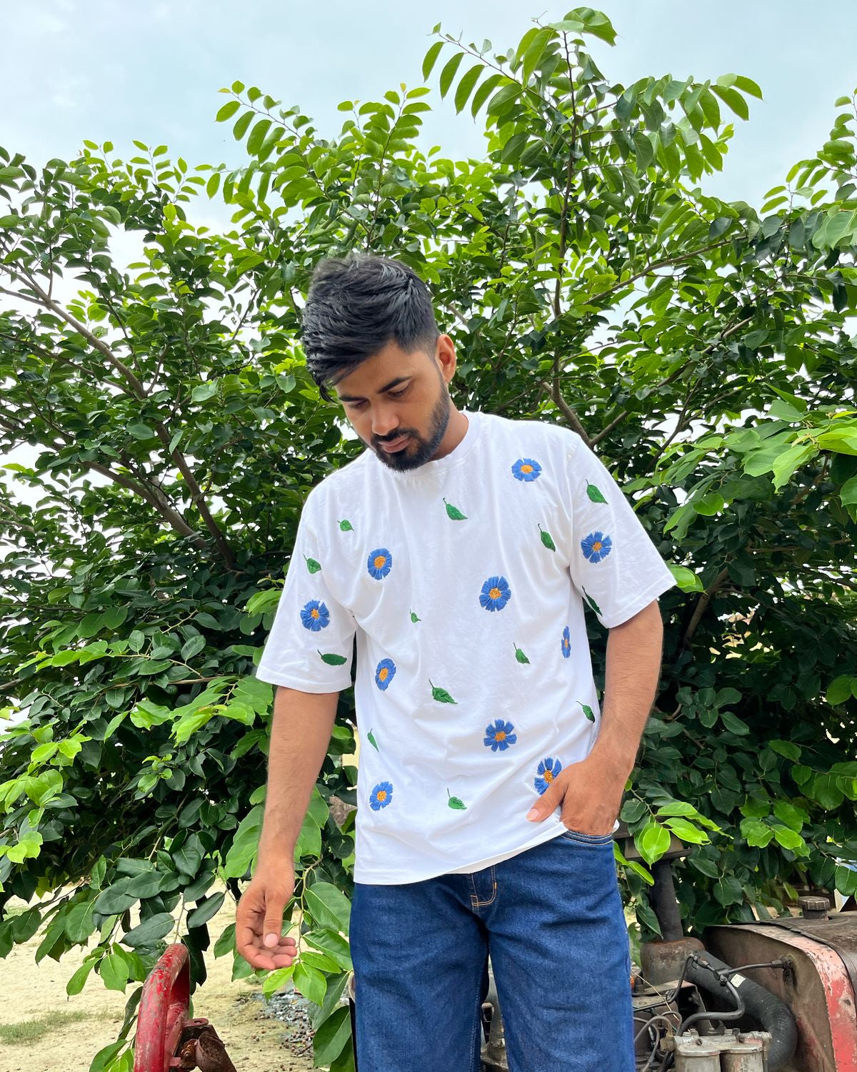 Azure Bloom Hand-Embroidered Oversized Tee (Unisex) - Vee Threads