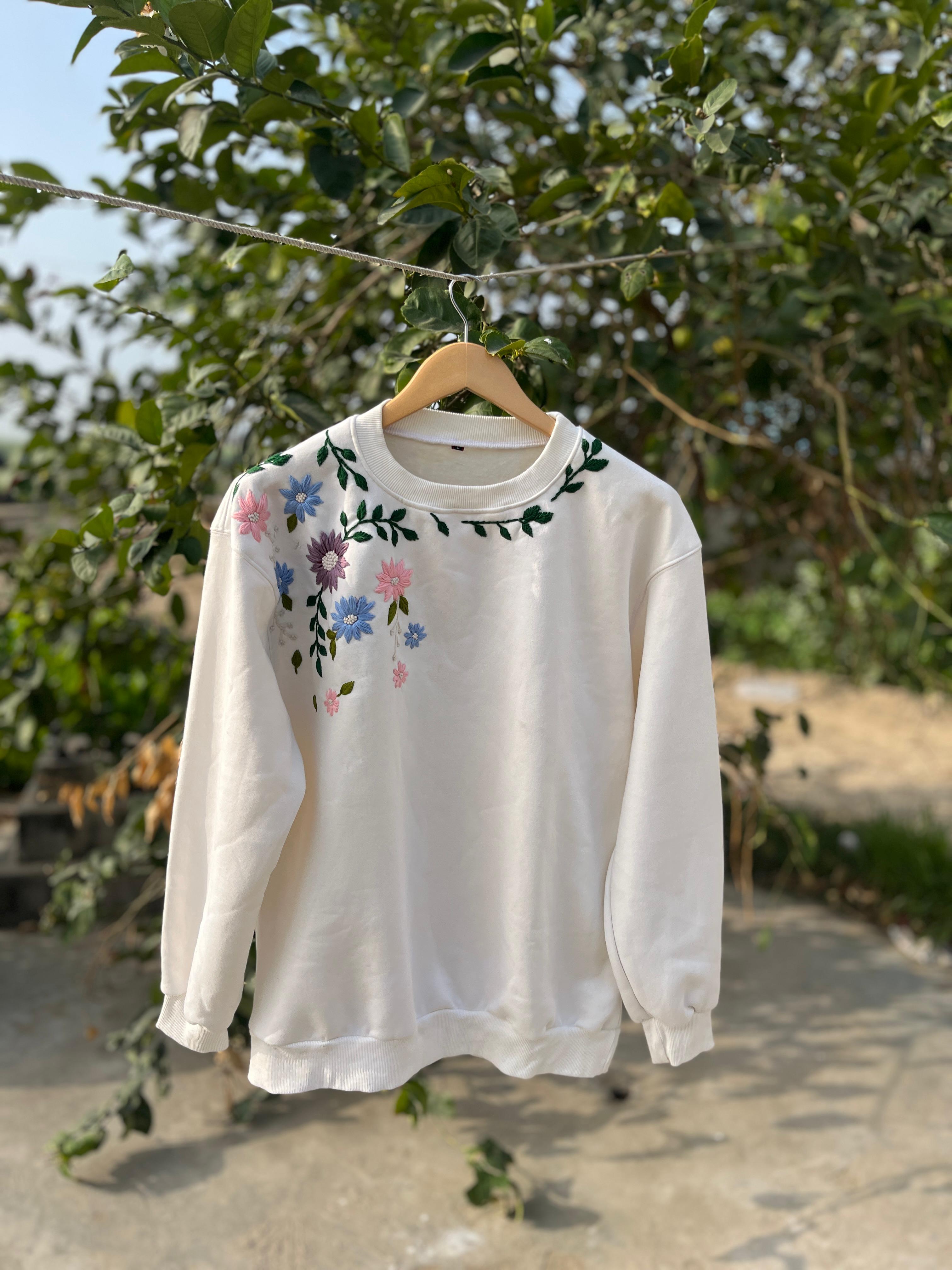 Floral hand embroidered loose Fit Sweatshirt (Unisex) - Vee Threads
