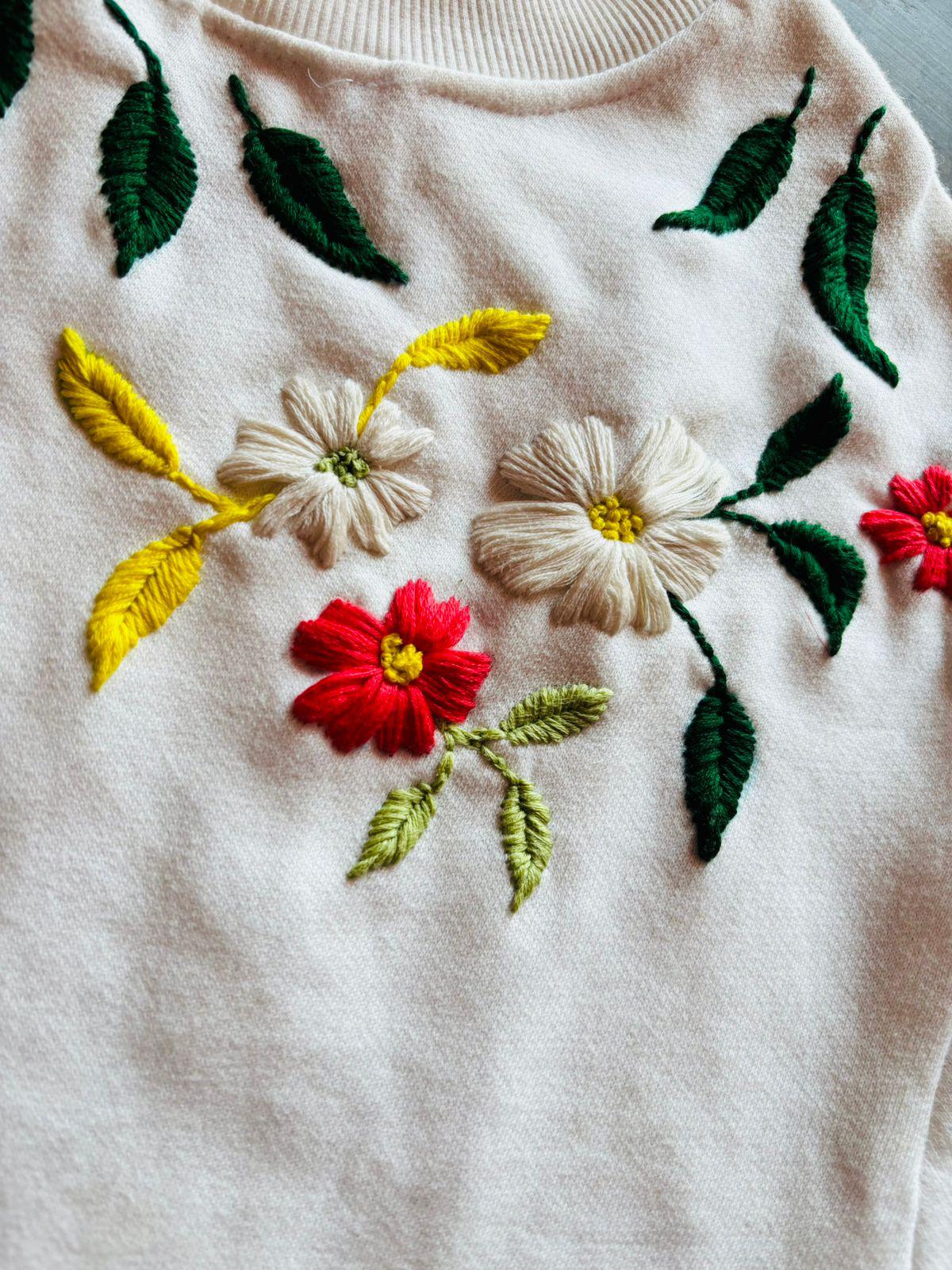White sweater with colorful floral embroidery on a plain background