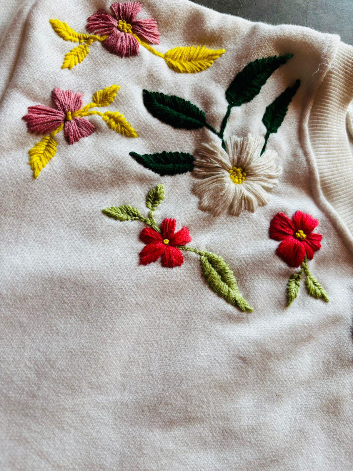 Embroidered flowers on a beige fabric background