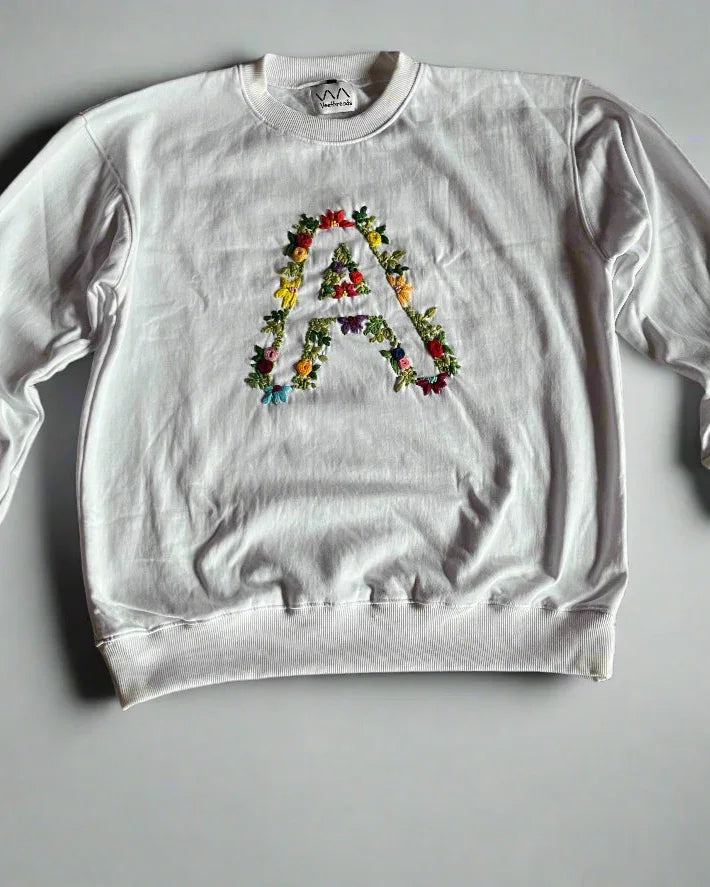 Zoom-in of sleeve featuring initials embroidery, crafted in minimalist block lettering.