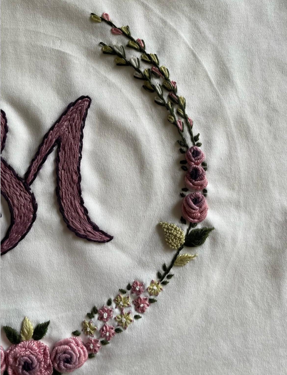 Custom letters floral circle embroidered Tshirts - Vee Threads