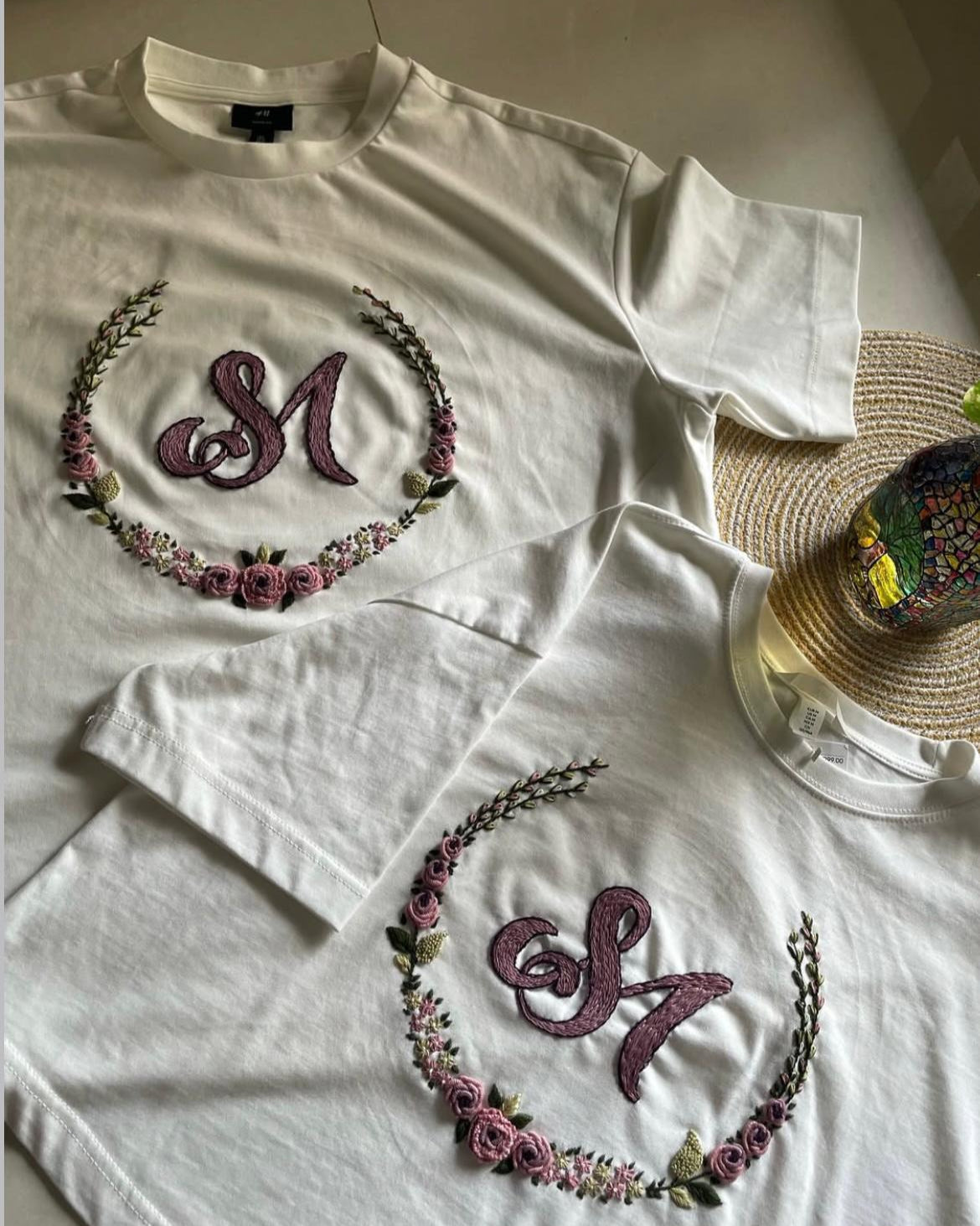 Custom letters floral circle embroidered Tshirts - Vee Threads