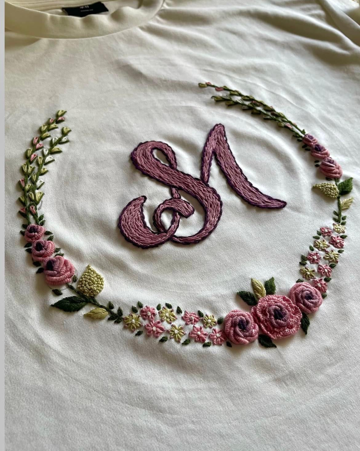 Custom letters floral circle embroidered Tshirts - Vee Threads