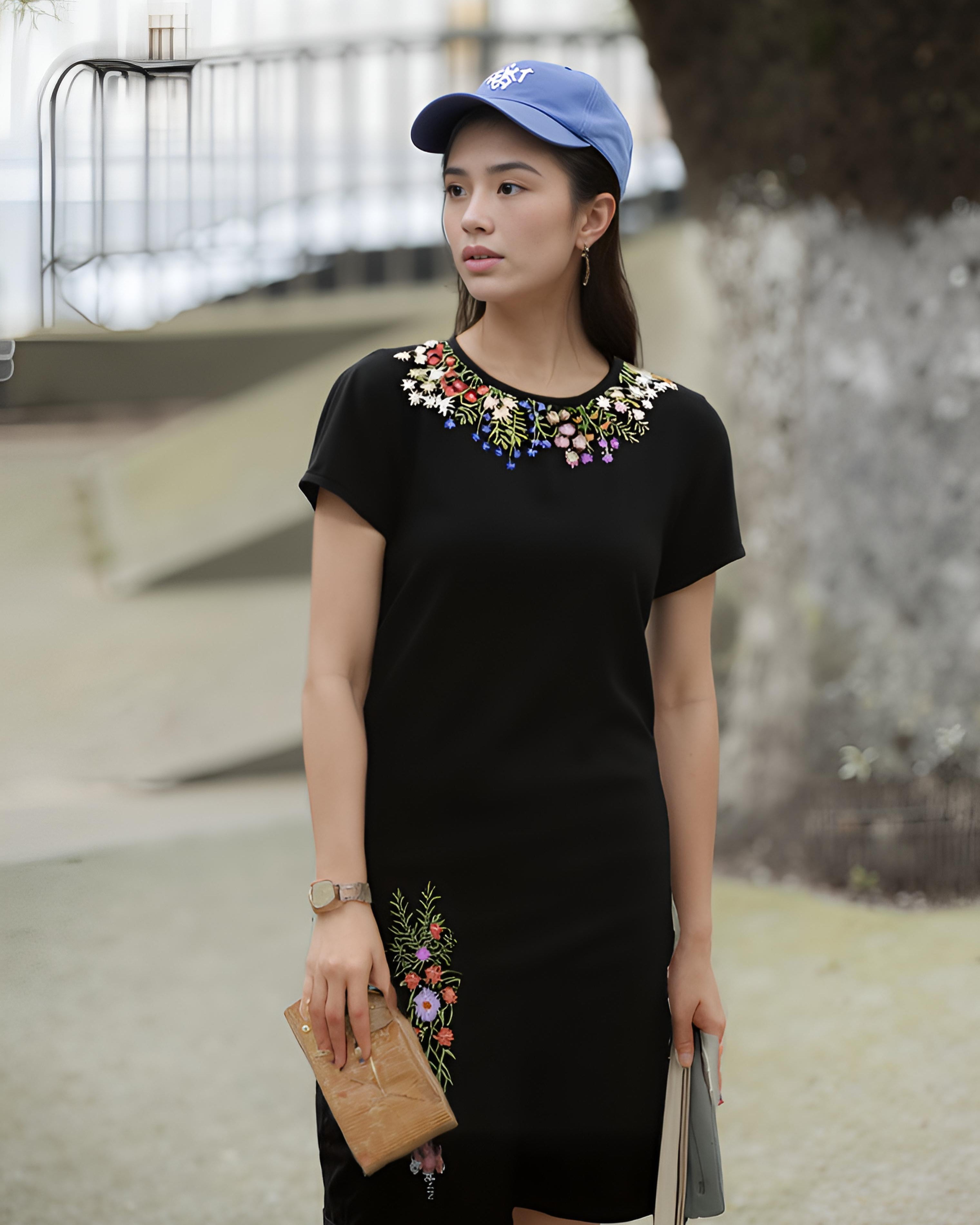Woman wearing a black dress with floral embroidery and a blue cap, standing outdoors.