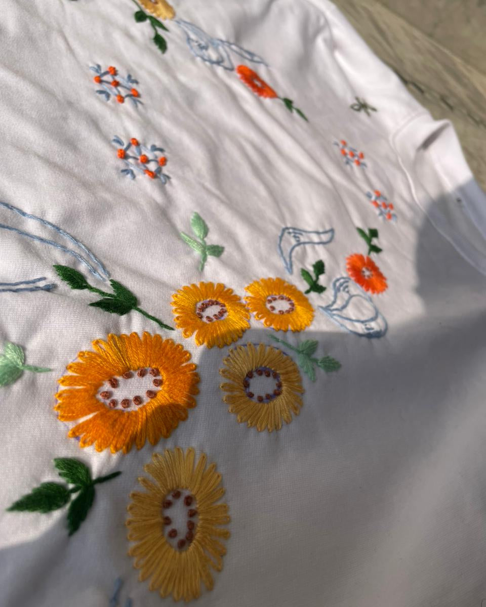 hand embroidered sunflower and leaf detailing on sweatshirt