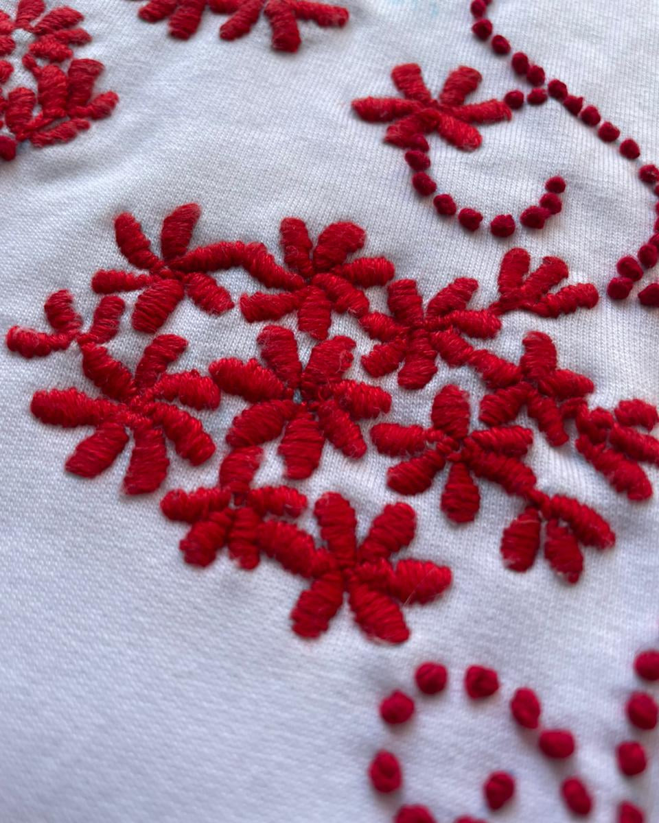 Close-up of red embroidered floral patterns on white fabric