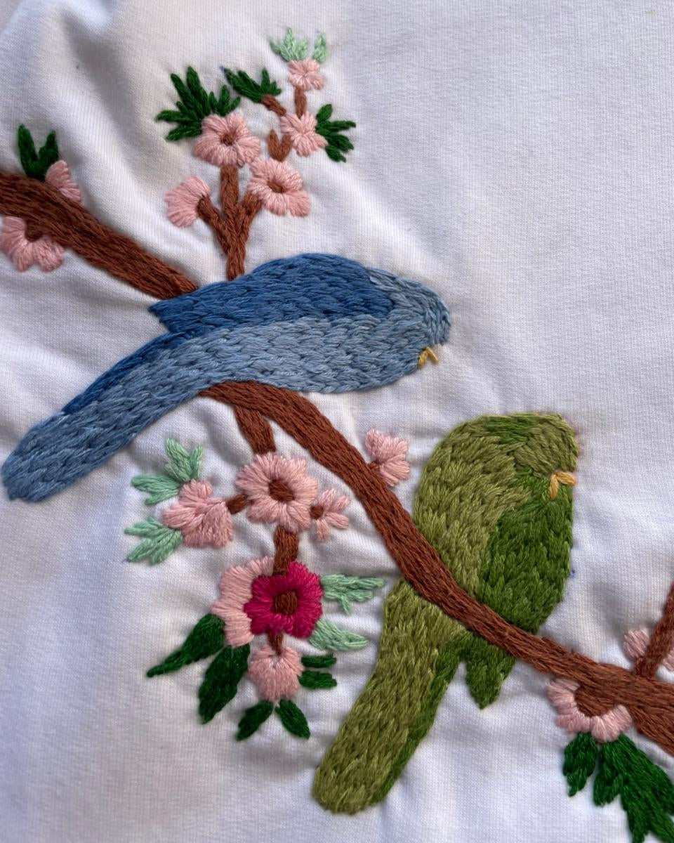 Embroidered design of birds and flowers on a white sweater background