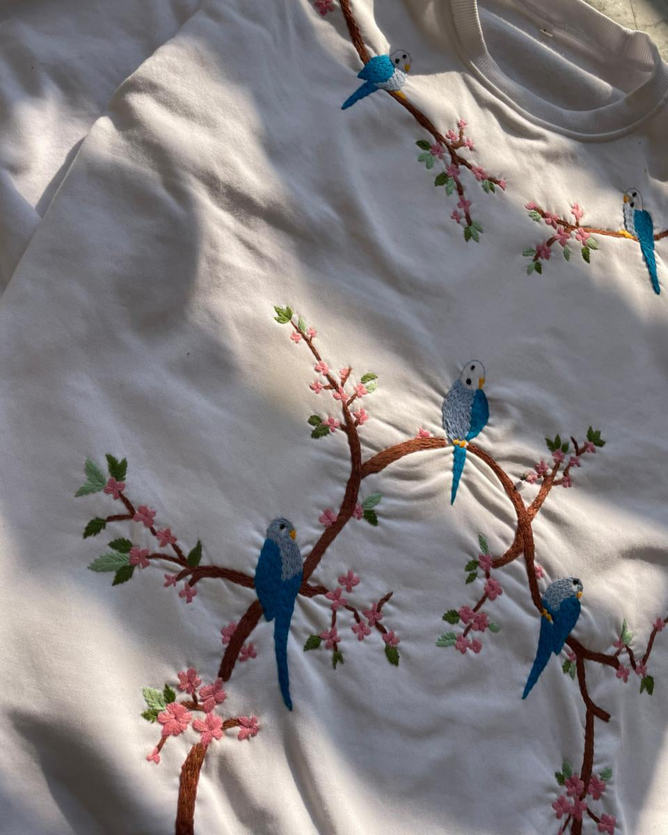 Embroidered design of birds on branches with sakura flowers on a white fabric background