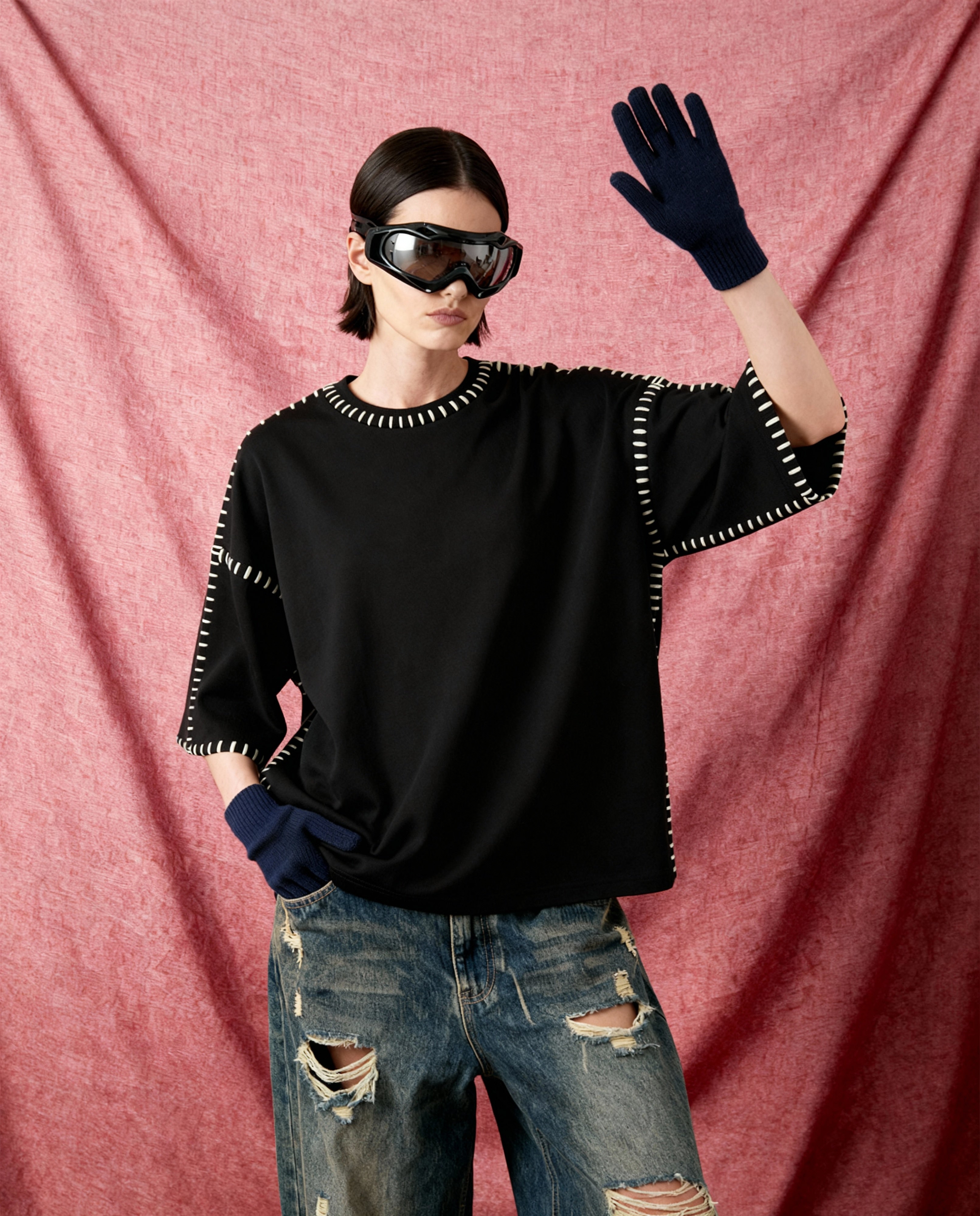 Black oversized cotton tee with hand-stitched white line trim — The Artisan Edge by Vee Threads, oversized unisex fit.