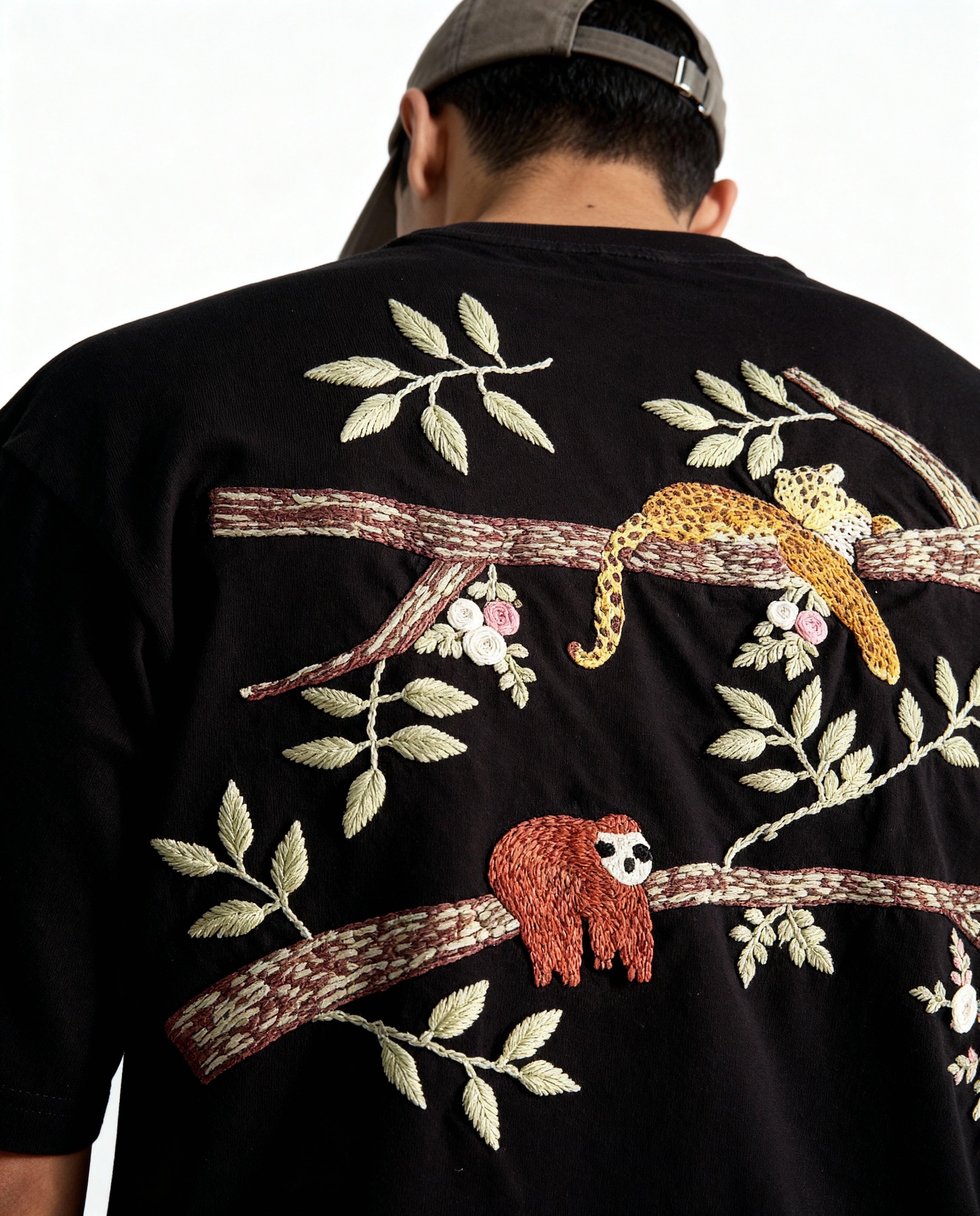 Person wearing a black shirt with sloth and branch embroidery on the back.