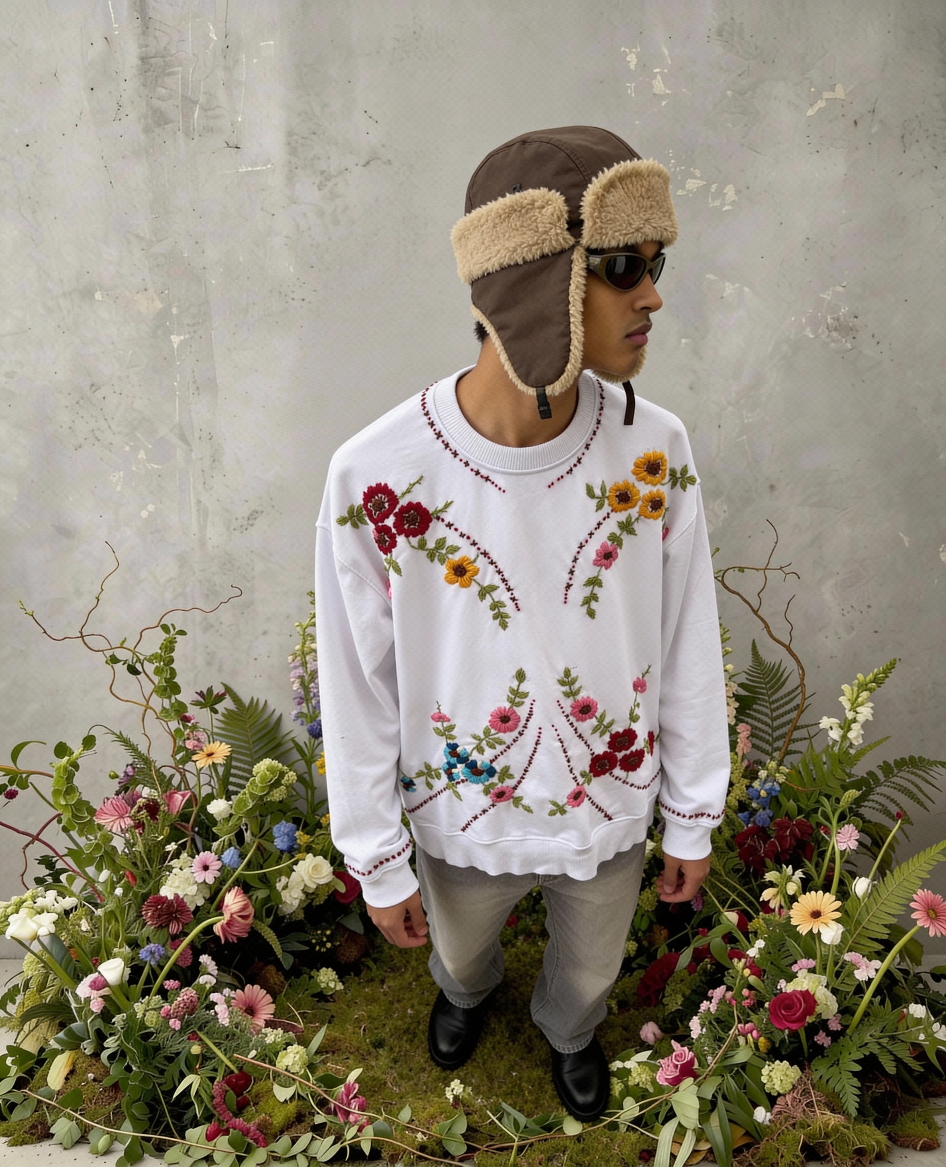 Person wearing a white sweater with floral embroidery, brown hat, and sunglasses, standing among flowers and plants.