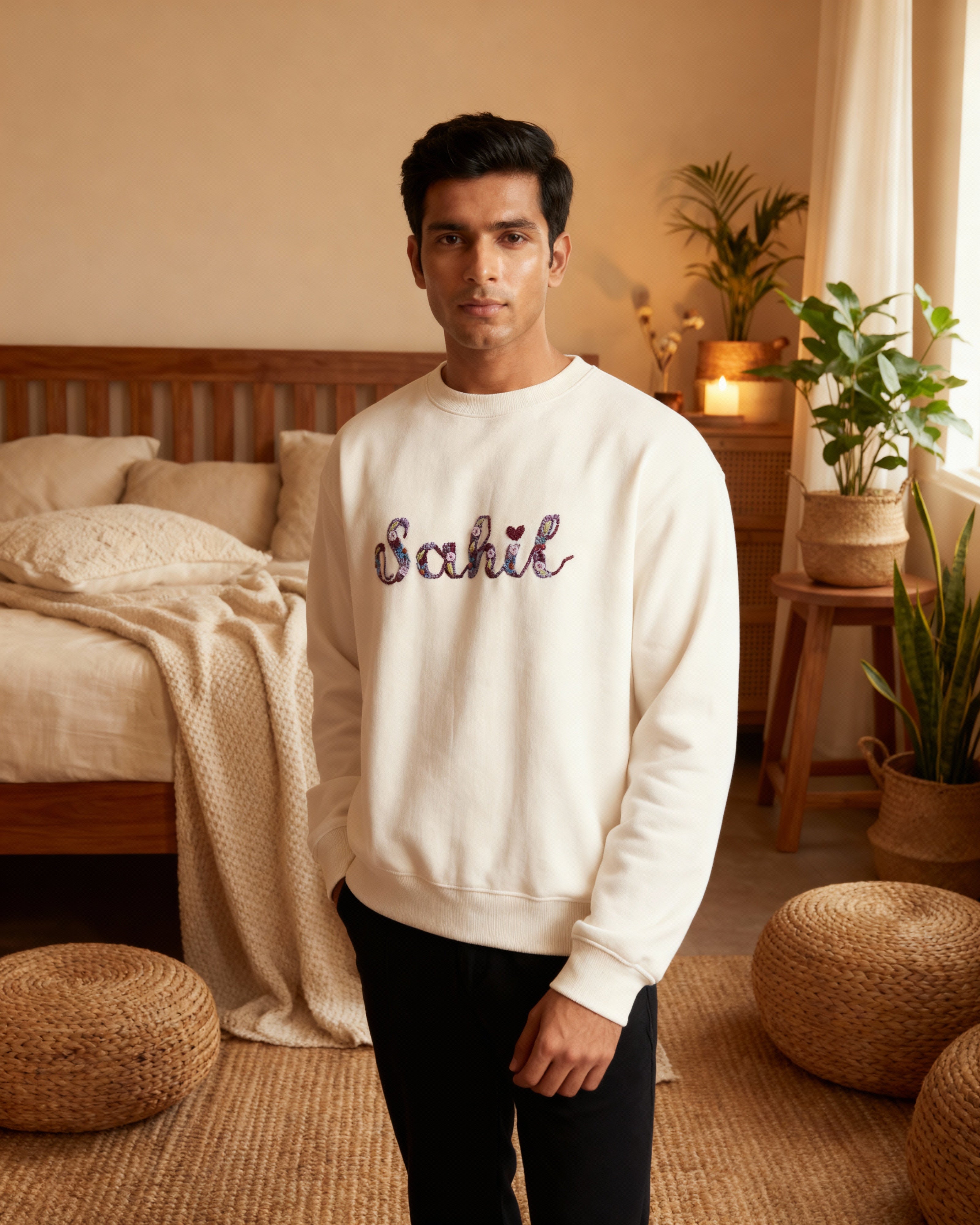 Man wearing a white sweatshirt with 'Sahil' custom name embroidered on it in a bedroom setting.